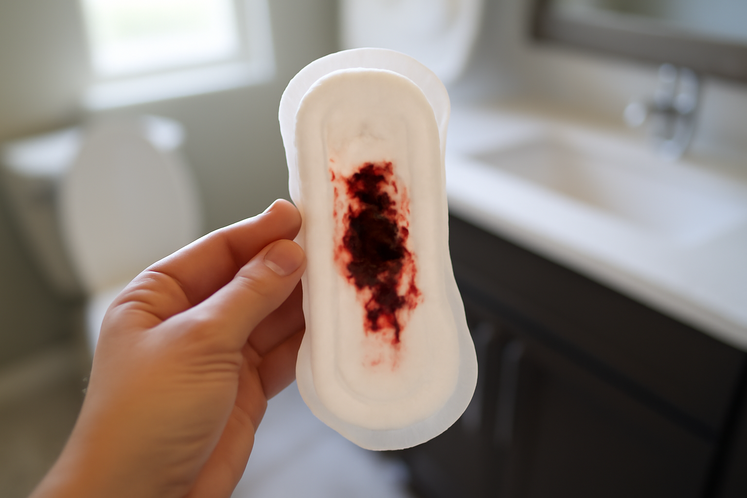 what does a blood clot look like on your period—realistic view of menstrual blood clots in a bathroom setting