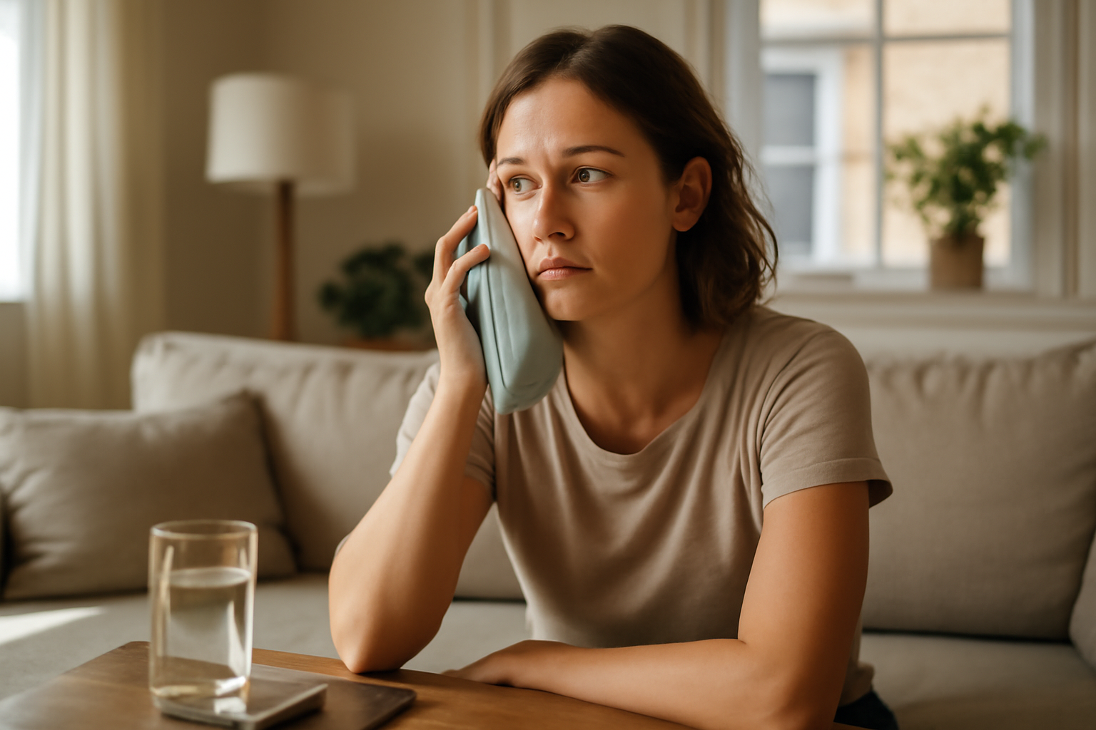 can stress cause hot flashes: person sitting at home with a cooling towel, realistic photo
