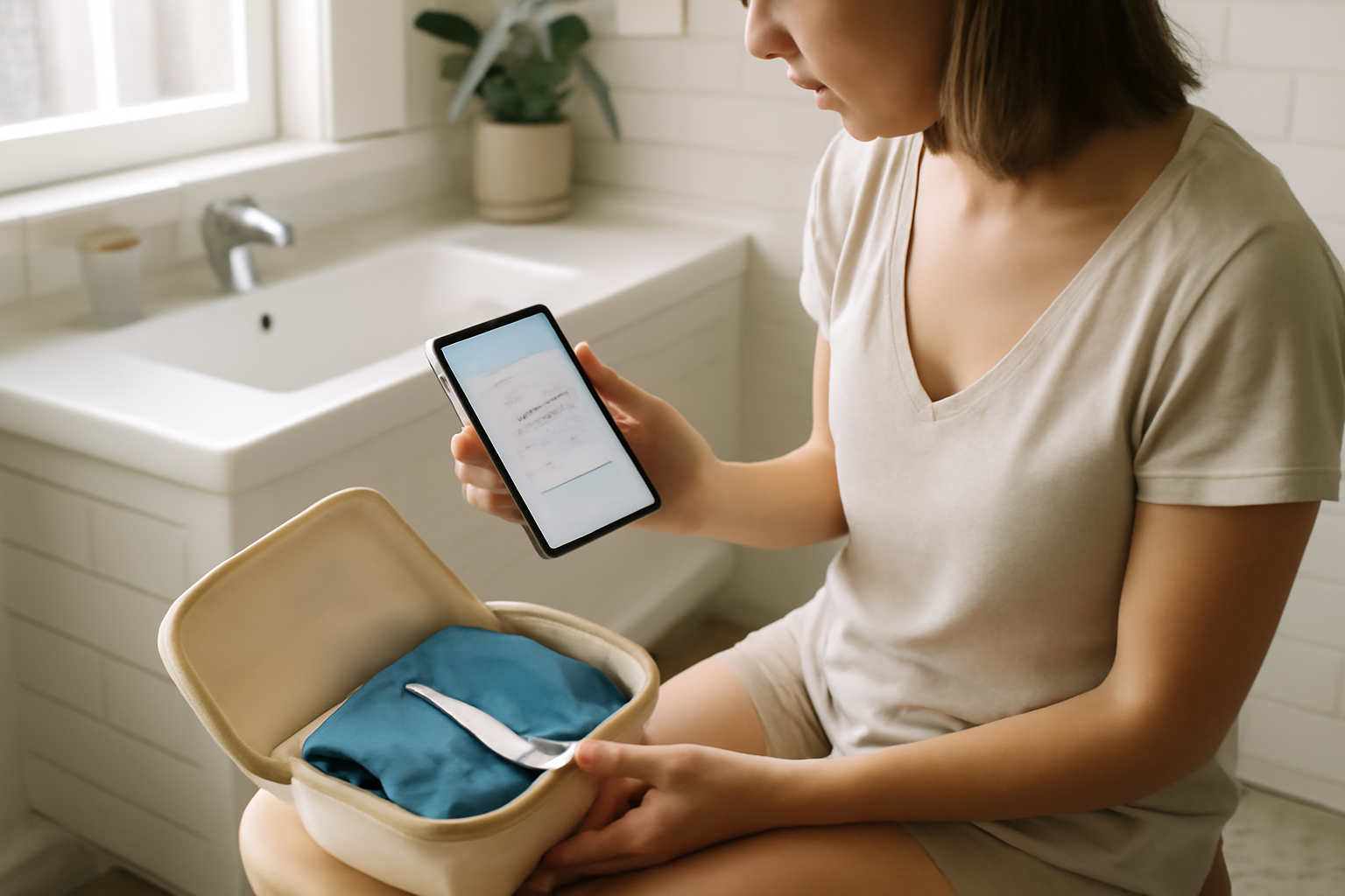 cramping before ovulation pain tracking on phone and menstrual cycle calendar in a bright bathroom