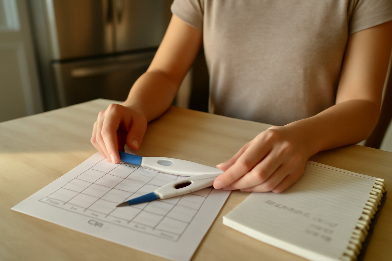 days after ovulation pregnant symptom tracking on a calendar with a pregnancy test and thermometer