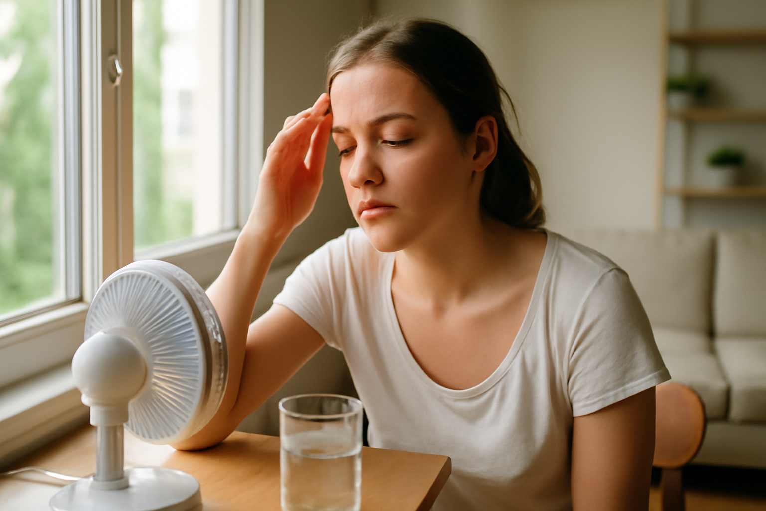 what causes hot flashes in 20s—warm sensation with sweating, realistic photo of a young adult cooling off