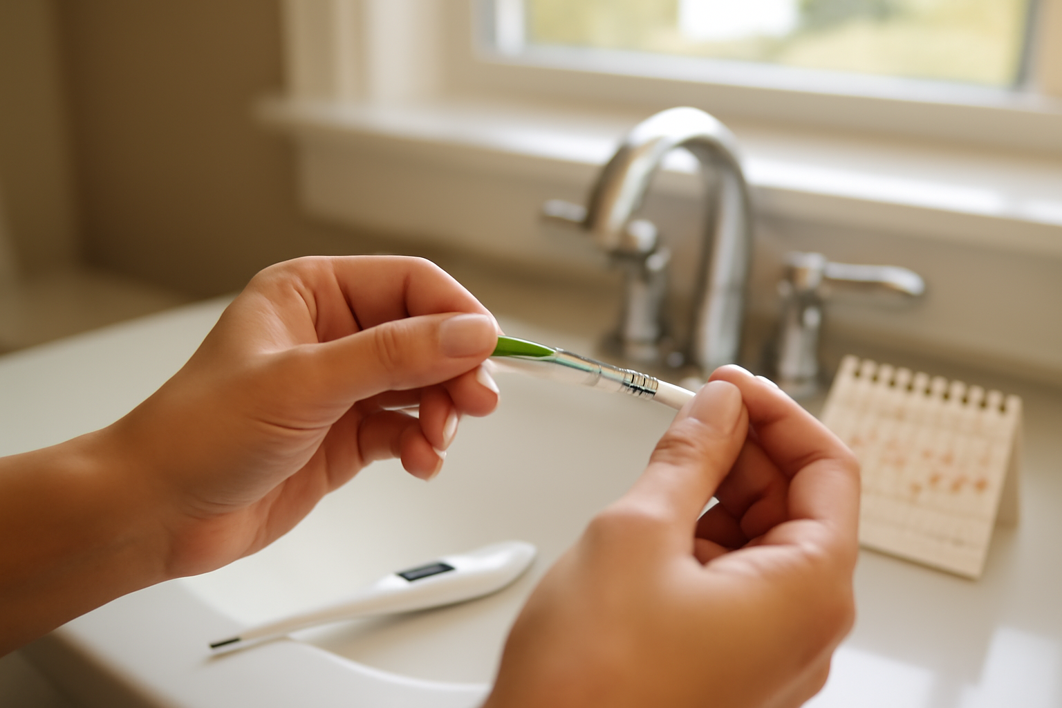 positive ovulation test but not ovulating: ovulation predictor kit on bathroom counter with thermometer and calendar