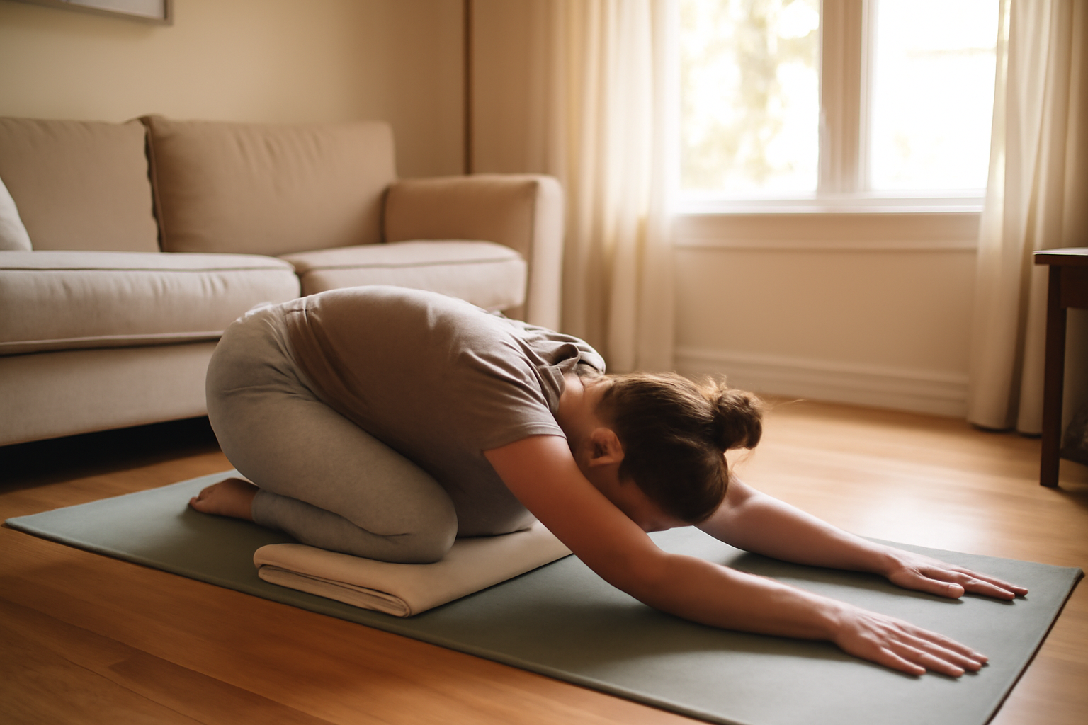 Woman doing gentle stretching a period routine on a yoga mat in a bright living room