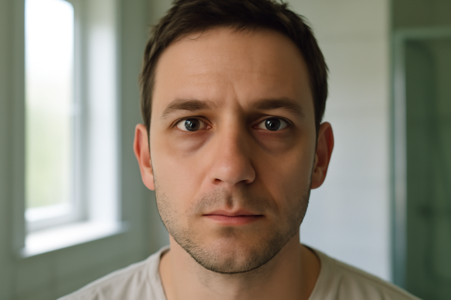 sunken under eyes close-up showing under-eye hollows in natural daylight