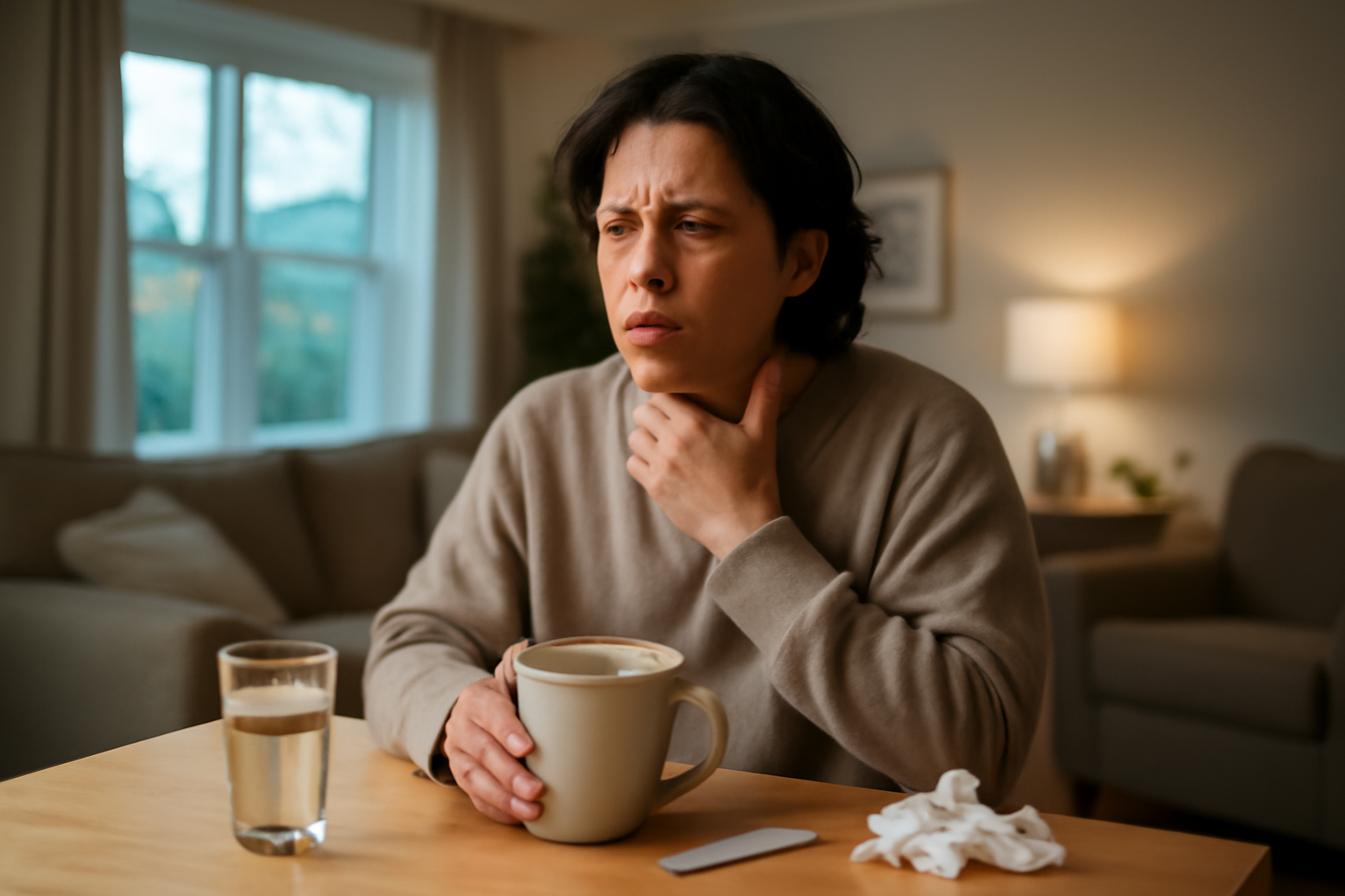 very sore throat symptoms in a person holding a warm tea mug at home
