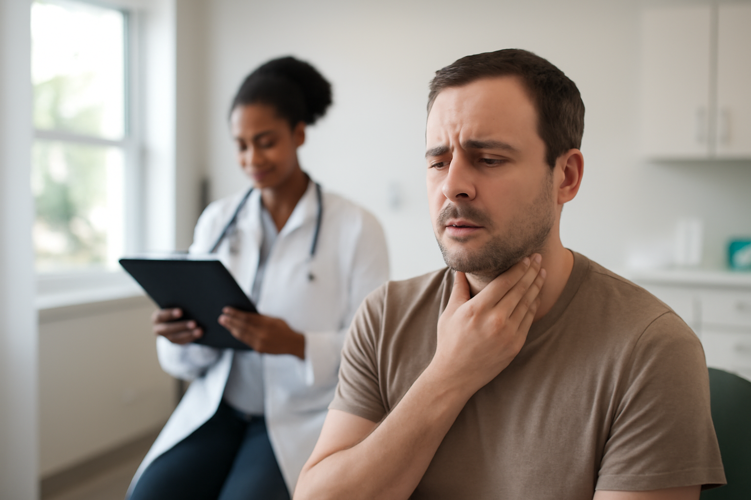 very sore throat one side—person holding throat in a bright clinic exam room