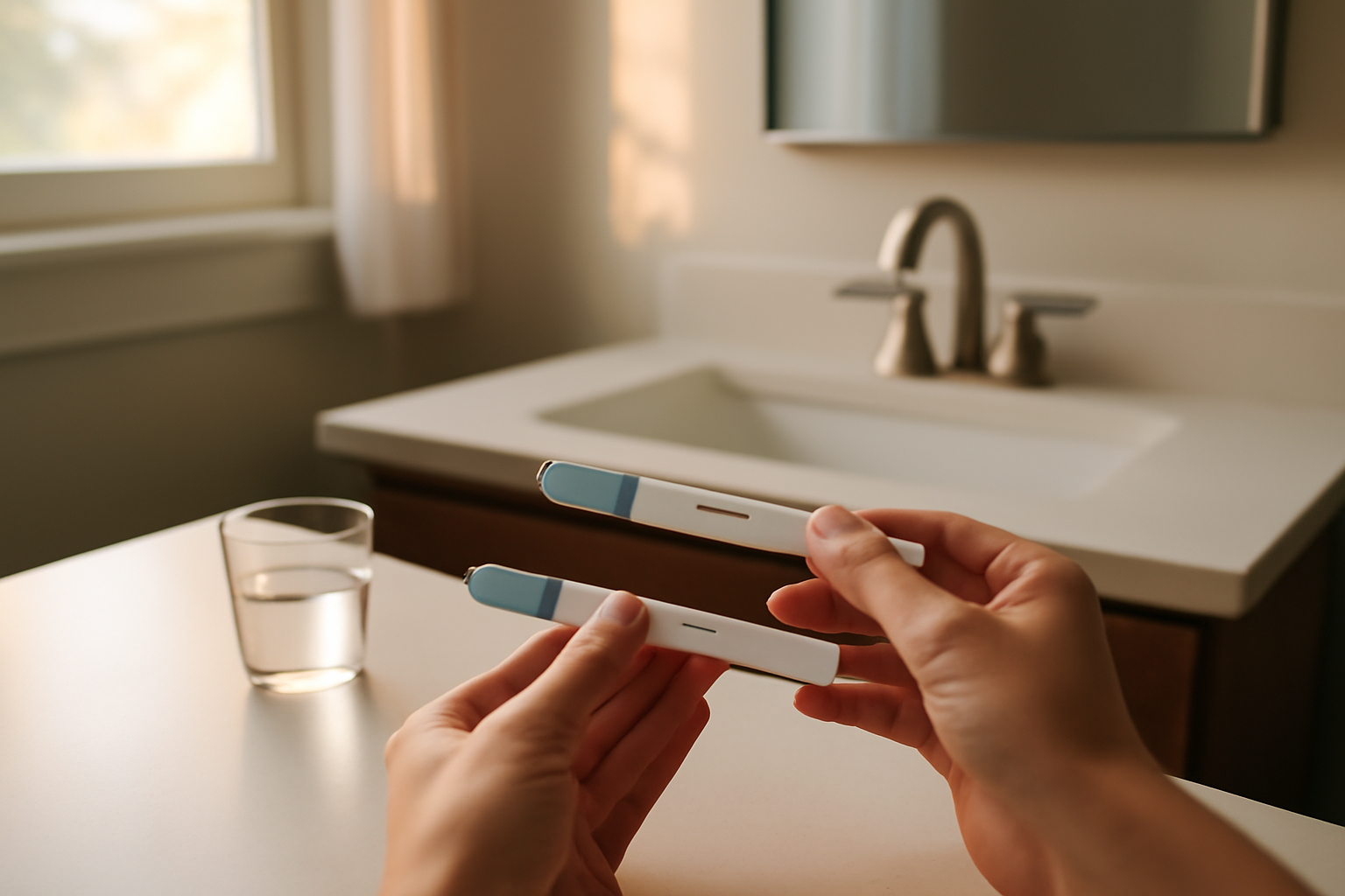 when can i take a pregnancy test after implantation bleeding — two pregnancy test sticks on bathroom counter with morning light