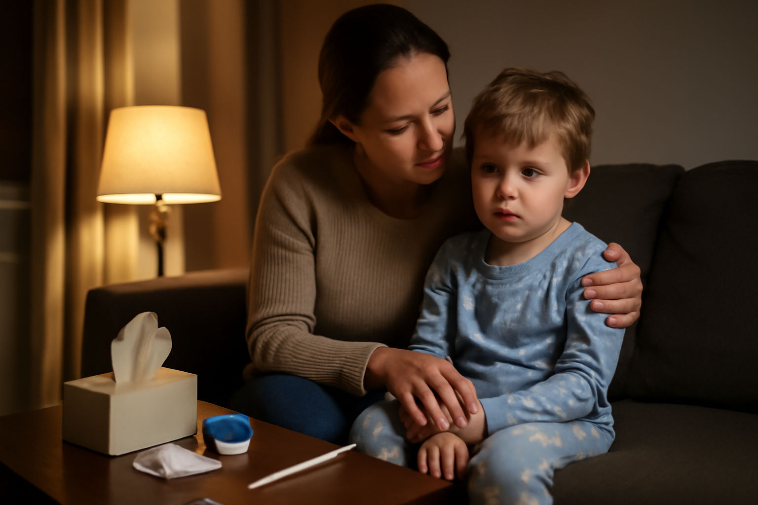 child with croup barky cough at home, parent monitoring breathing, nighttime lighting