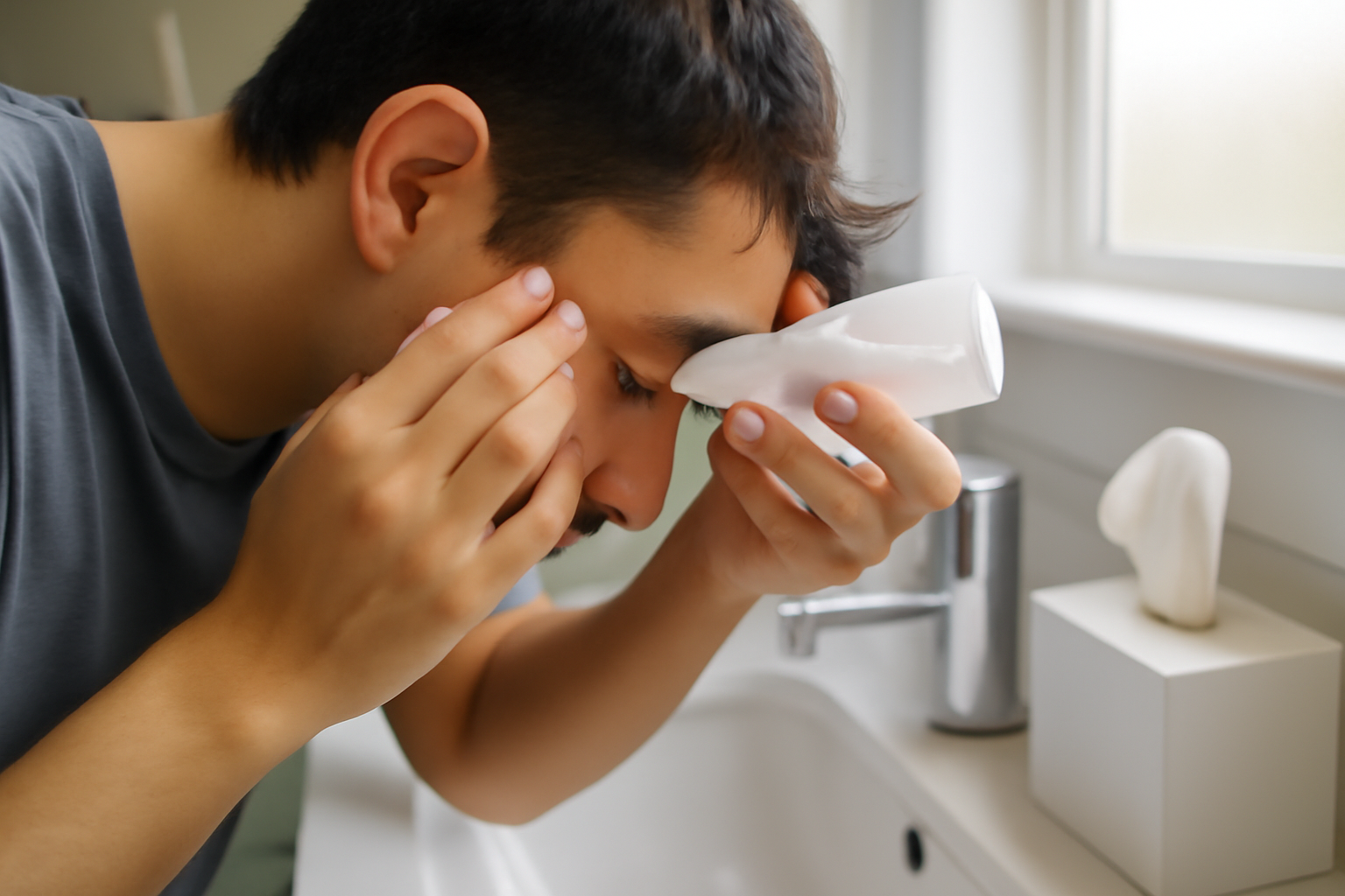 burning eyes after crying: person rinsing eyes with sterile saline in bright bathroom