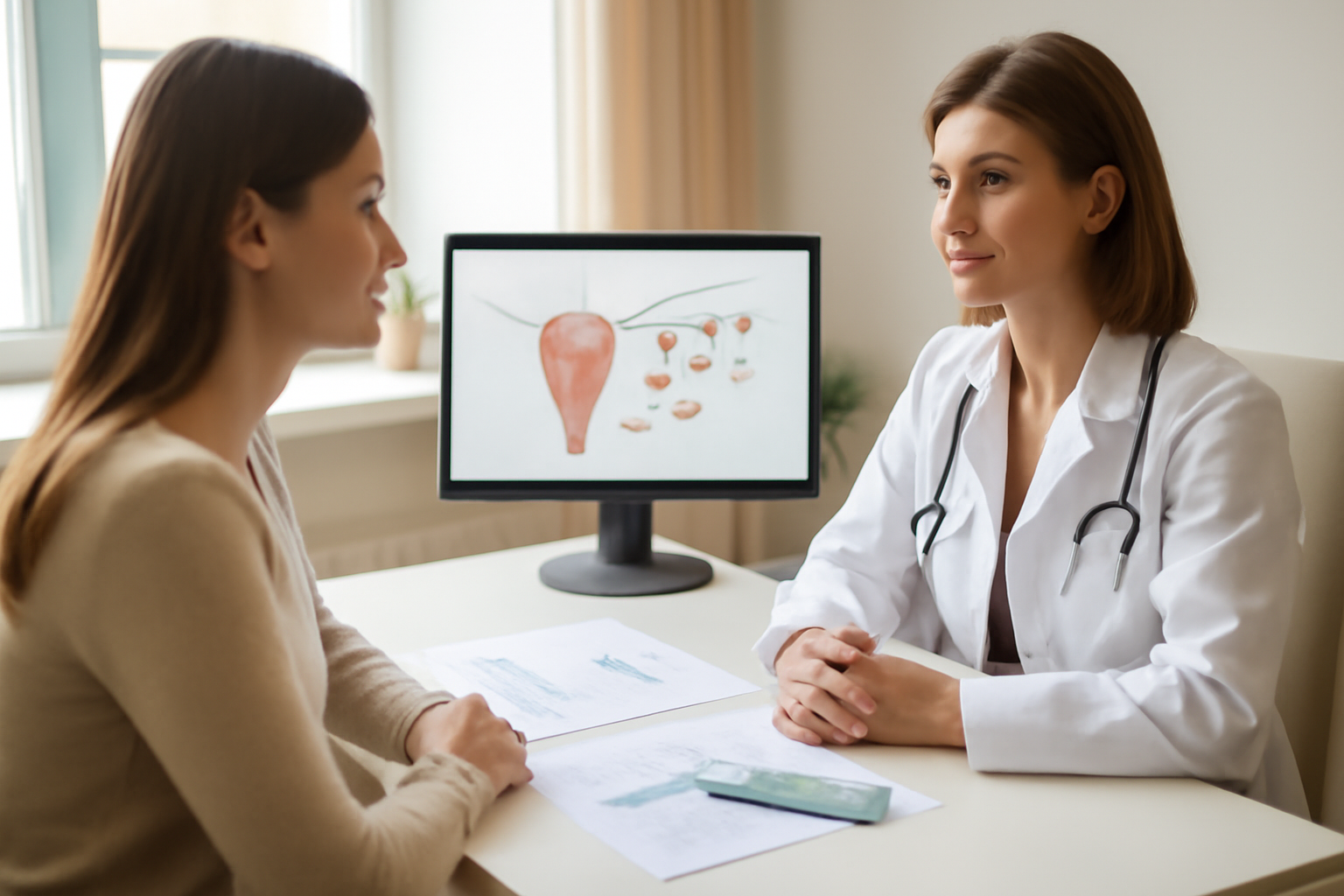 can one ovary release more than one egg during ovulation—realistic medical illustration style with pelvic anatomy and follicles