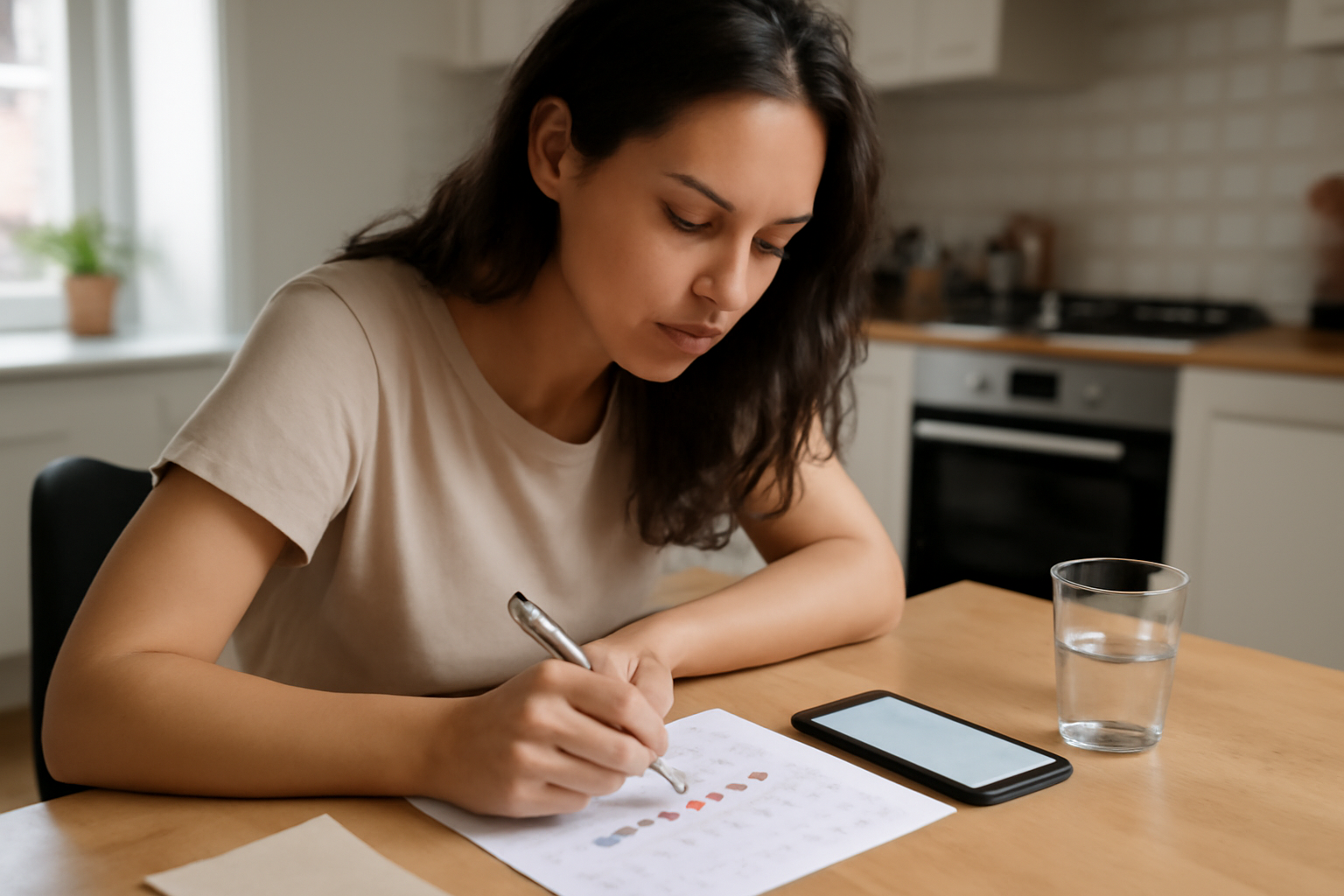 Woman at a kitchen table tracking her cycle dates on a calendar with a phone and notes, realistic photo