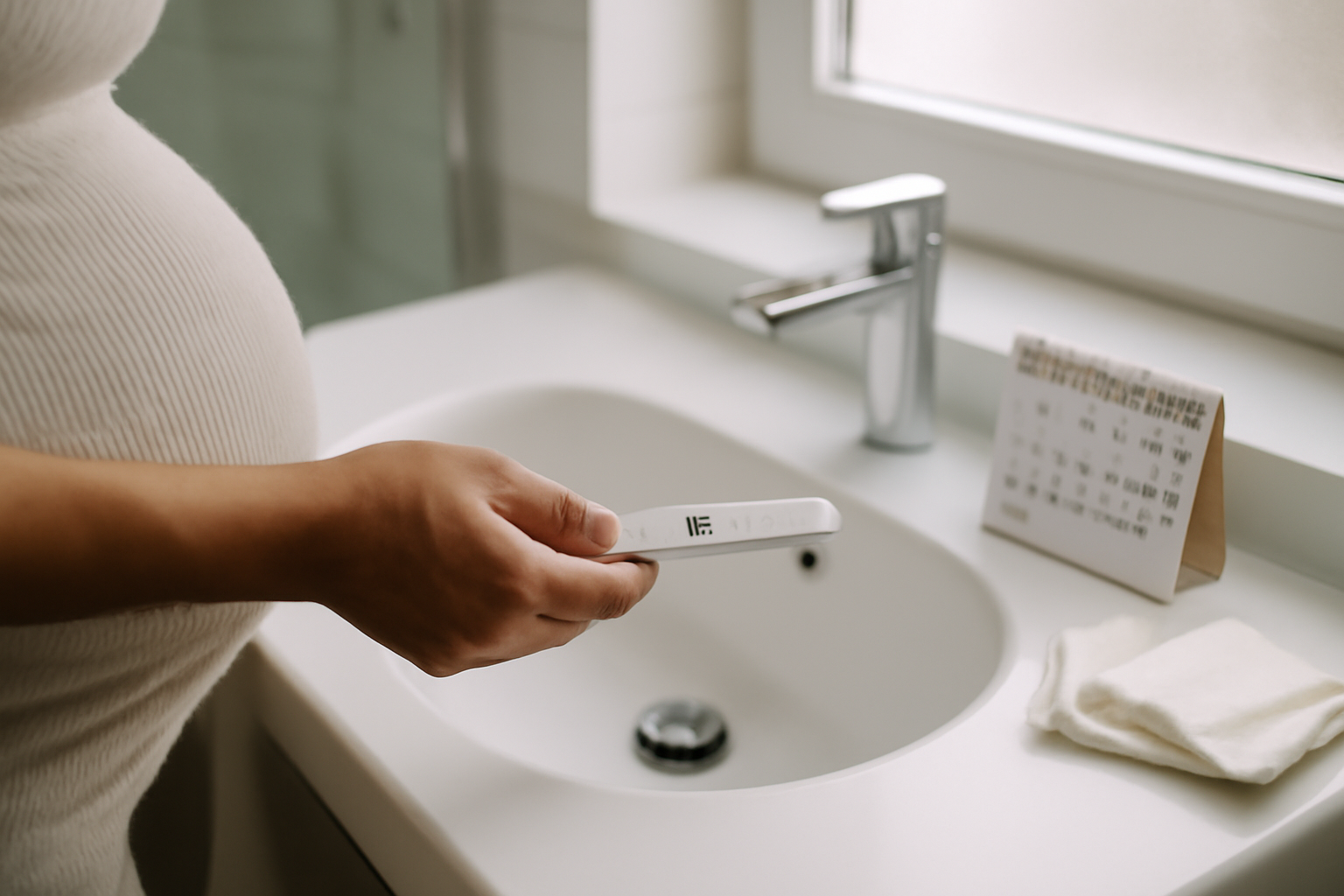 can you get your period while pregnant spotting on pregnancy test and calendar in a bright bathroom