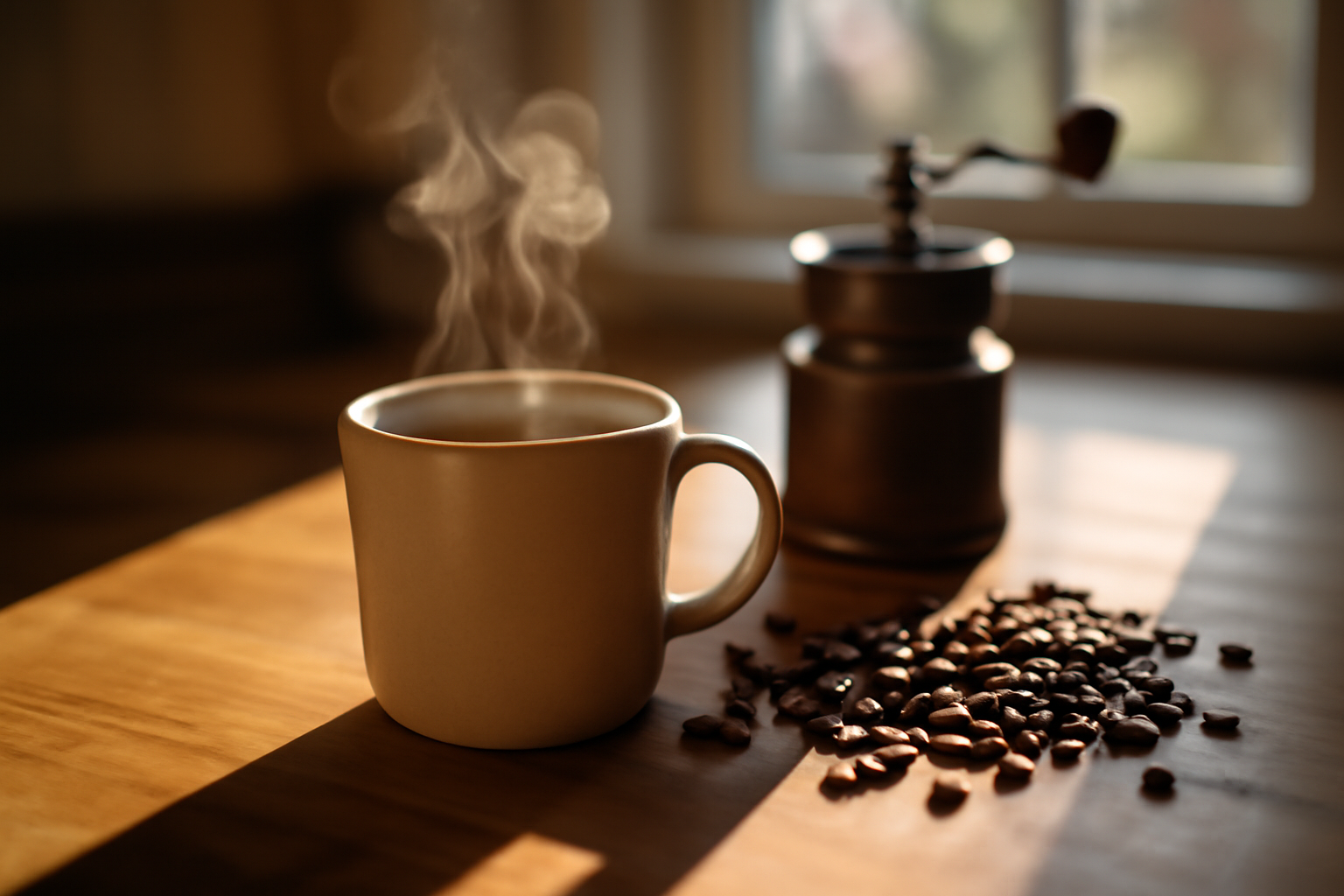 chemicals in coffee in a real coffee cup with visible beans and brewing steam, natural light on a kitchen counter