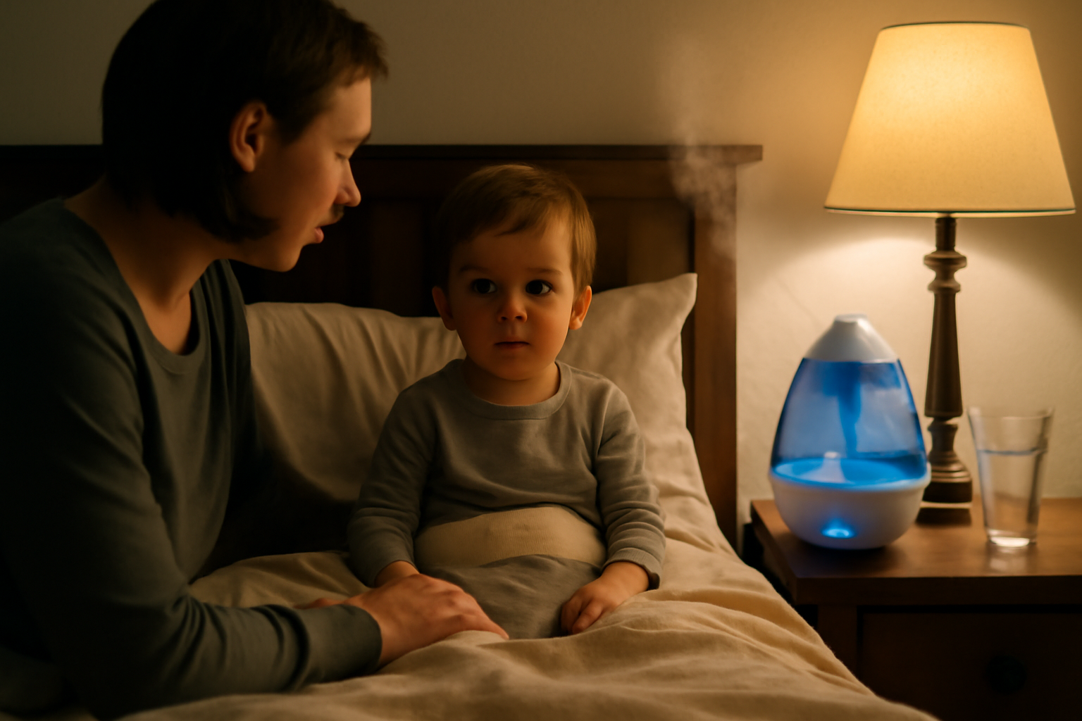 does croup cough get worse at night at-home relief with humidifier and upright child