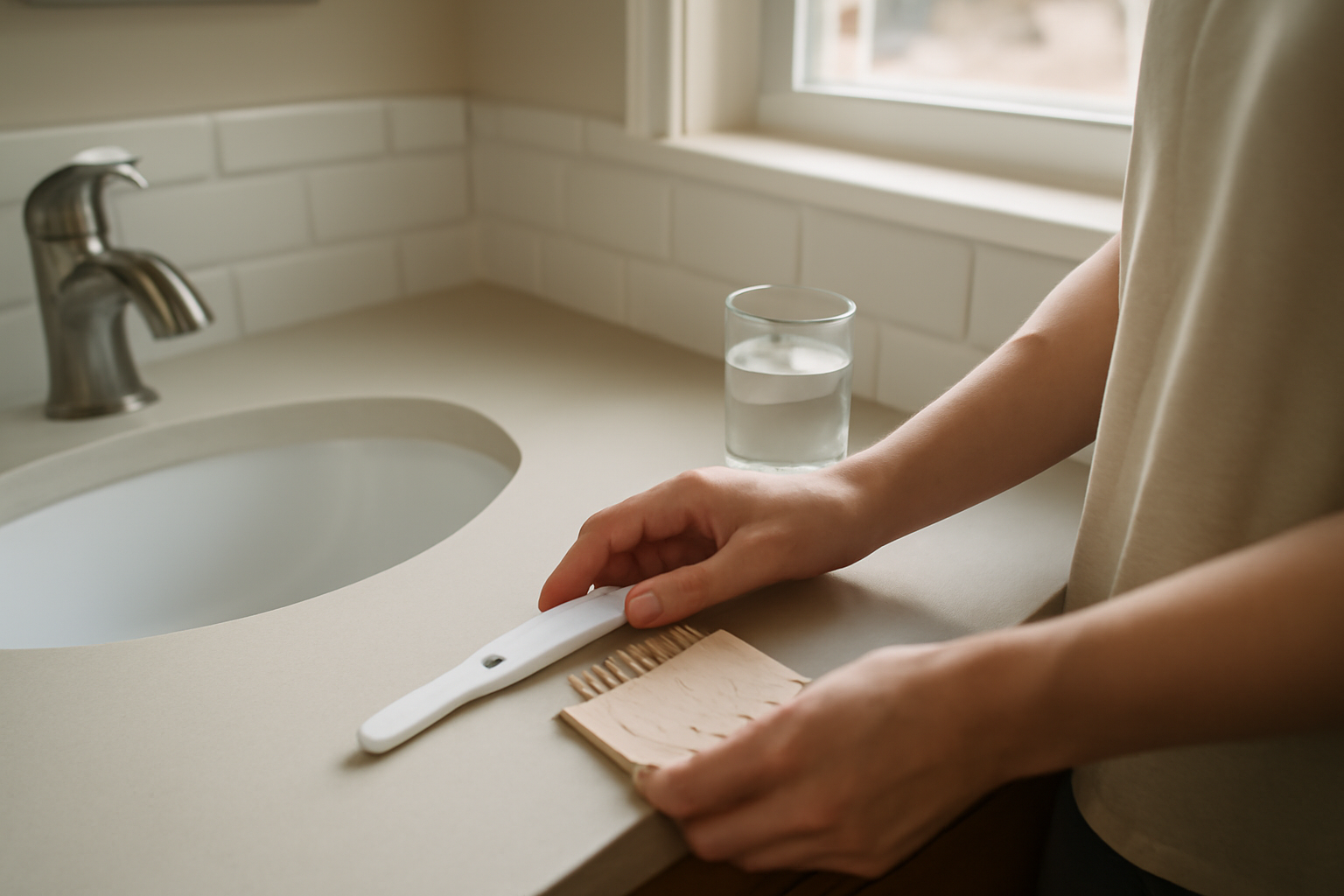 how to get your period faster without pills: a realistic home setting with a pregnancy test, water bottle, and calendar