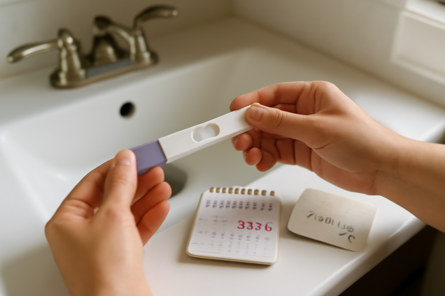 implantation bleeding how long before test on a bathroom counter with a pregnancy test