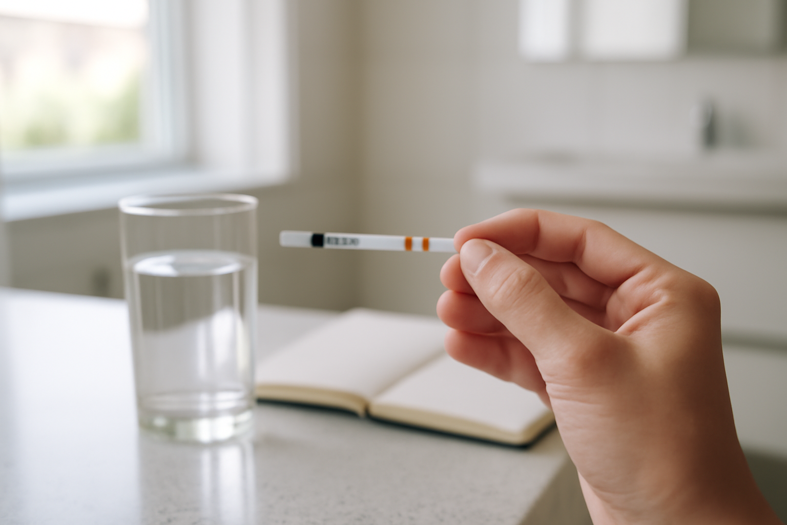 what does a positive ovulation test mean—LH surge shown on an ovulation test strip in a bathroom setting with natural morning light