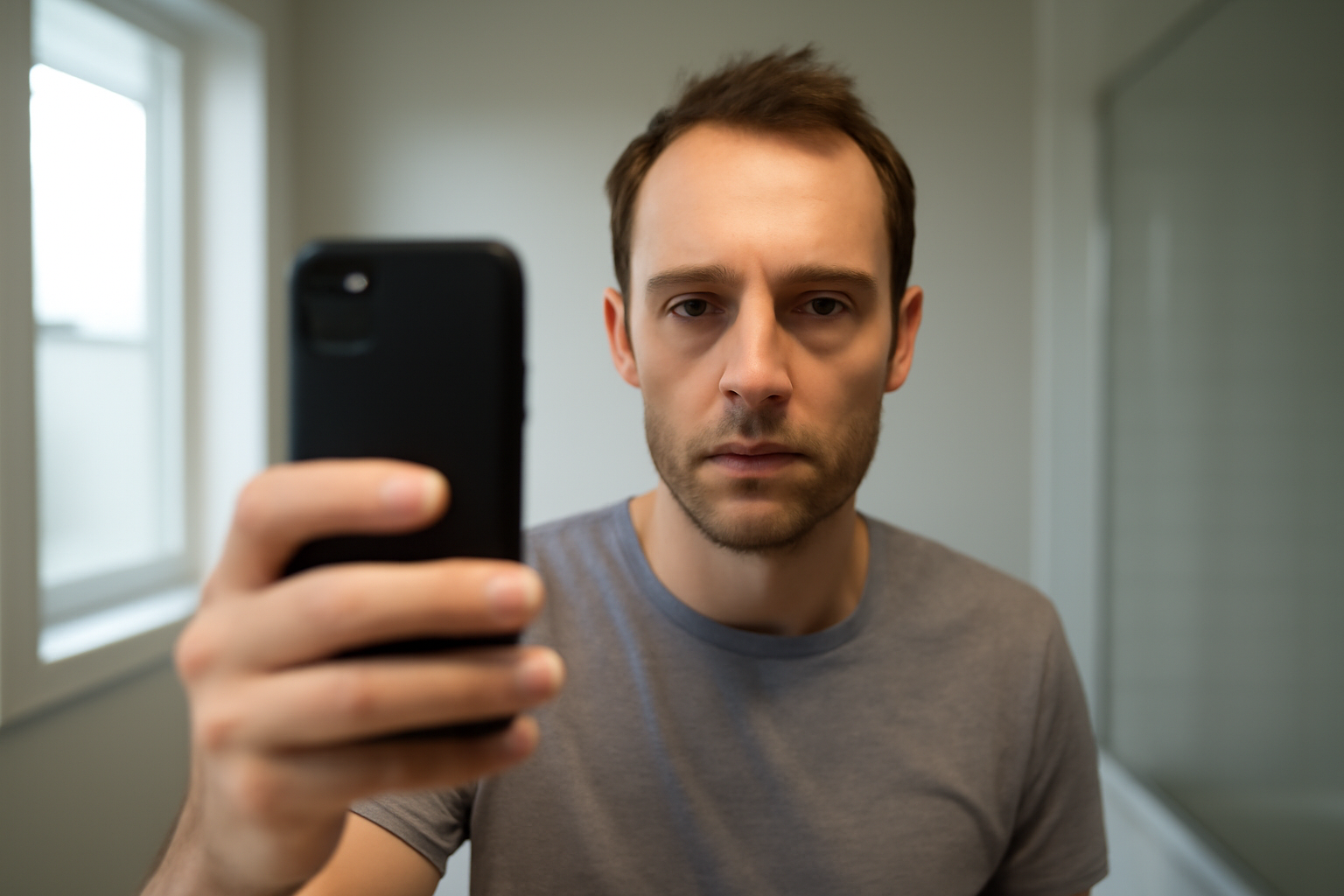 Sunken eyes under-eye hollowness in realistic bathroom mirror lighting