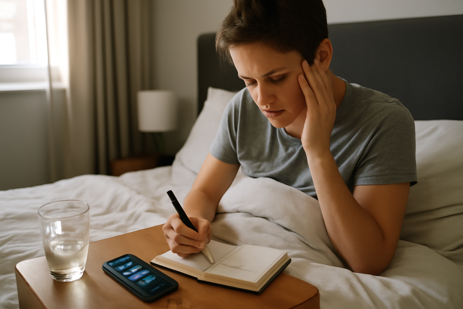 Waking up with headaches everyday: person checking a headache diary beside a bed with a glass of water and a bedside lamp