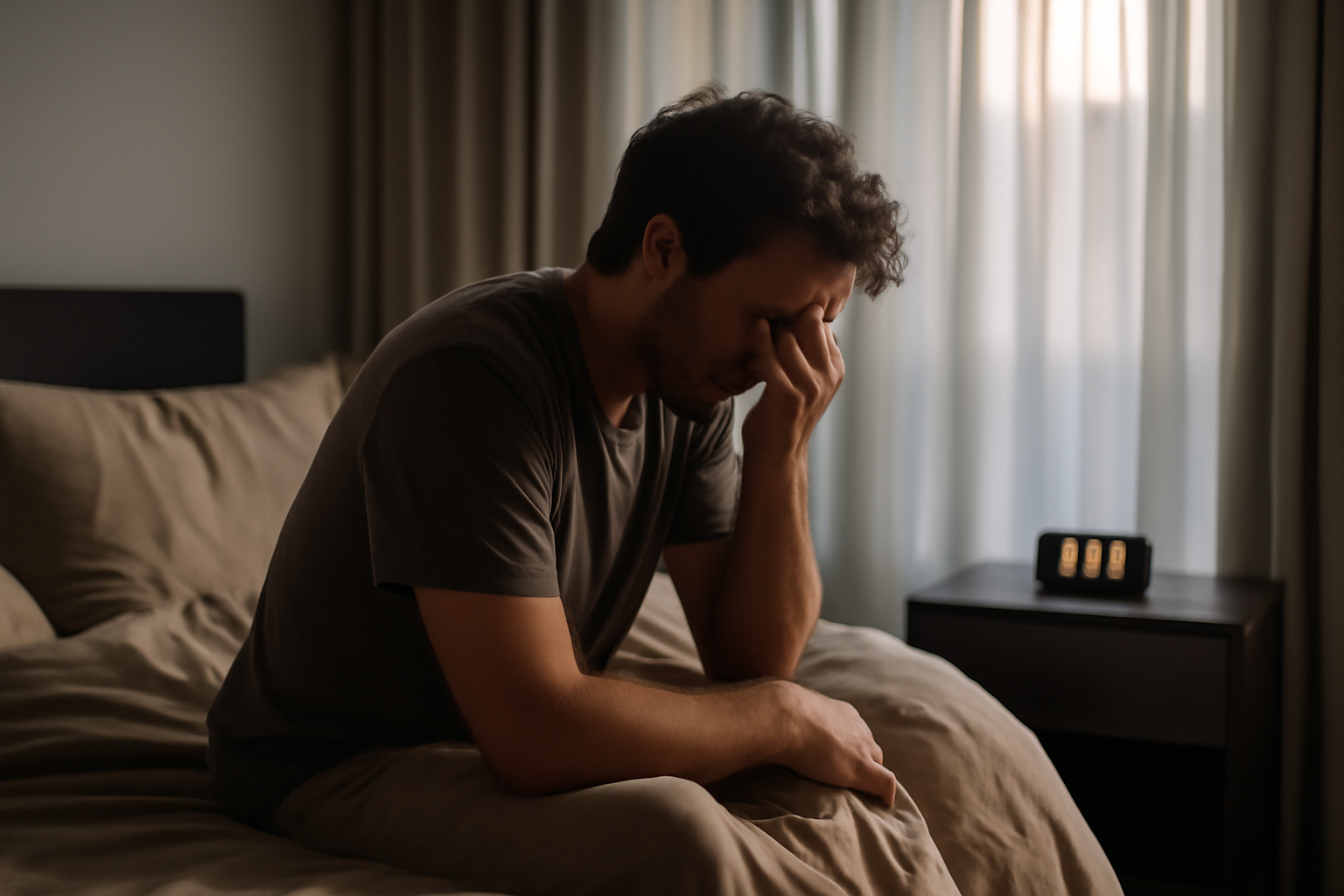 waking up with a headache in the morning, person holding their head near a bedside clock