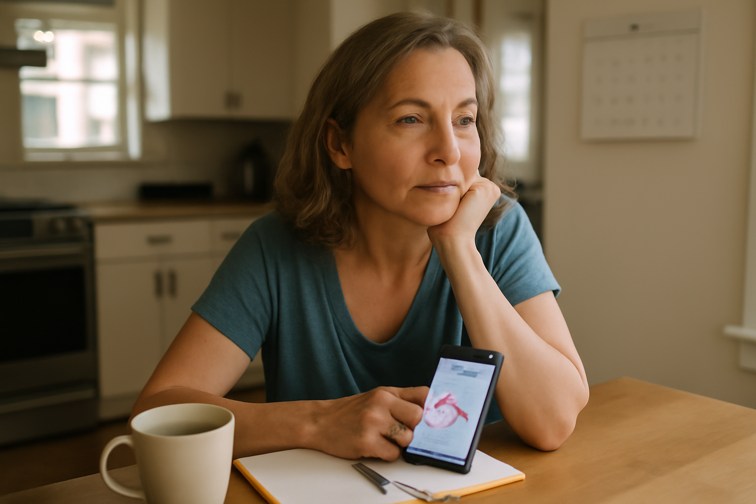 what age does perimenopause start—woman in late 40s tracking symptoms on phone at home, realistic photo