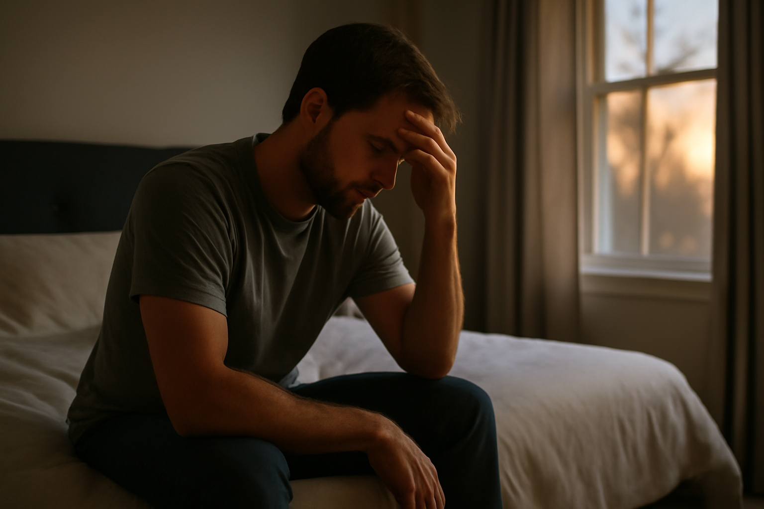 what does overthinking do to your body: person holding their head in a quiet room, realistic photo