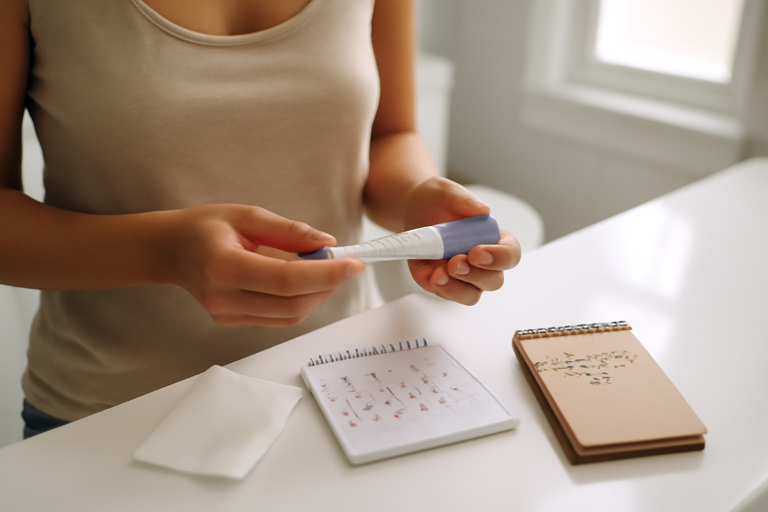 can you get your period and still be pregnant concept photo showing a home pregnancy test and calendar with light bleeding notes