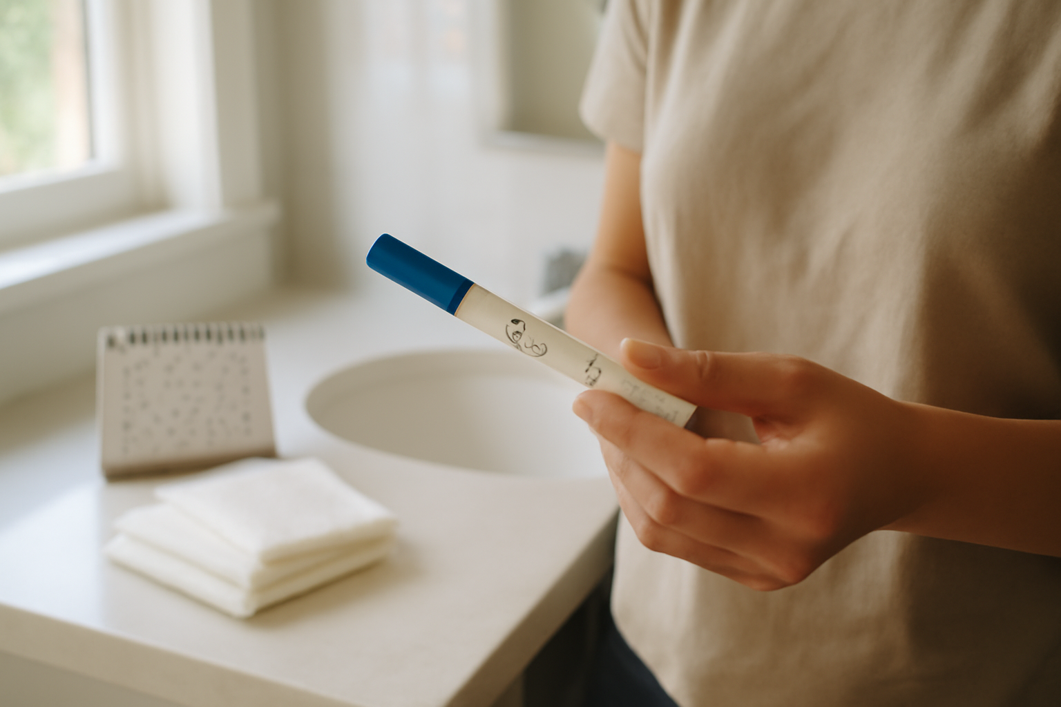 what does a chemical pregnancy feel like: realistic photo of a person holding a pregnancy test near a sink with a calendar and pads on the counter