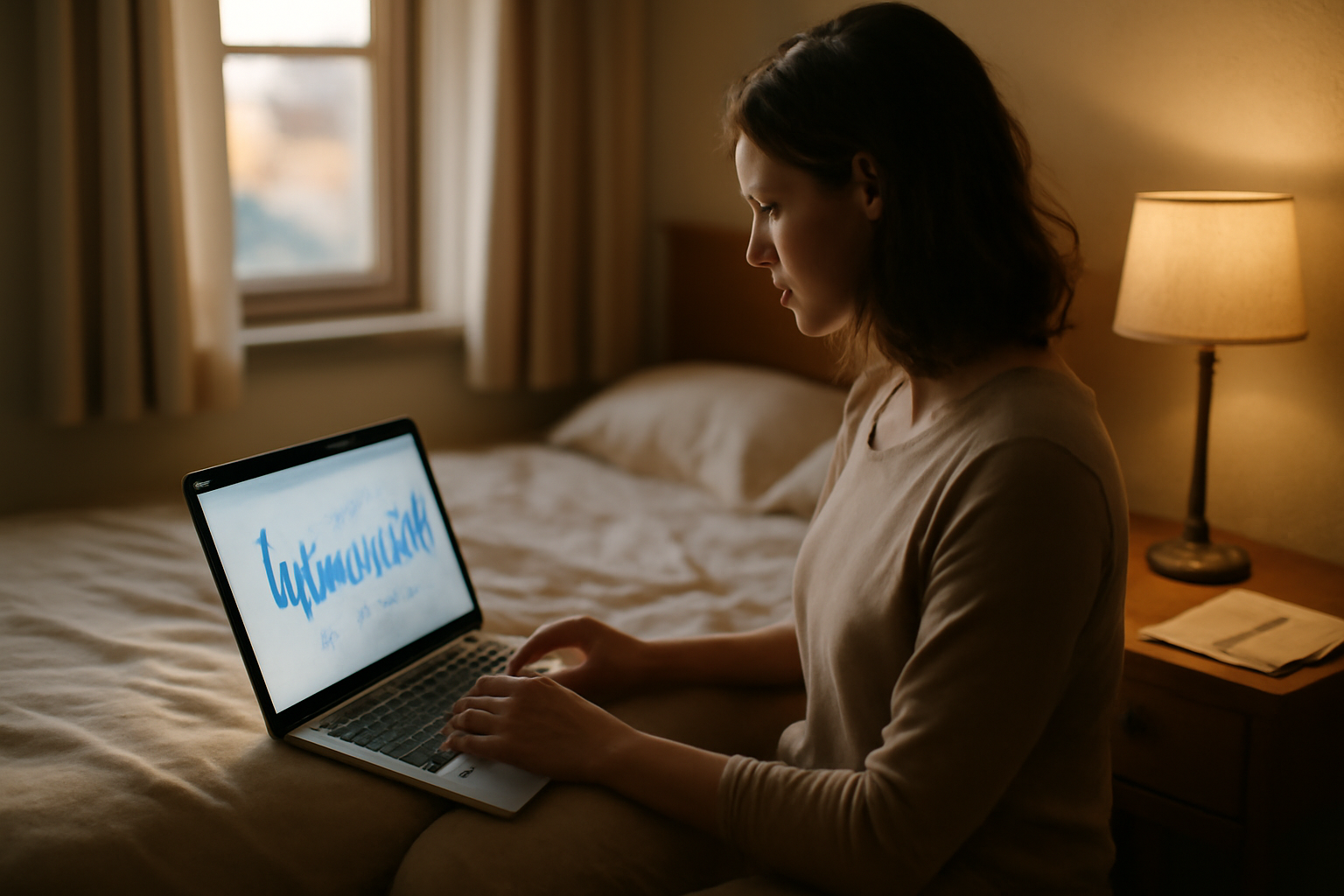 Woman researching do women actually need more sleep on a laptop in a calm bedroom at dawn