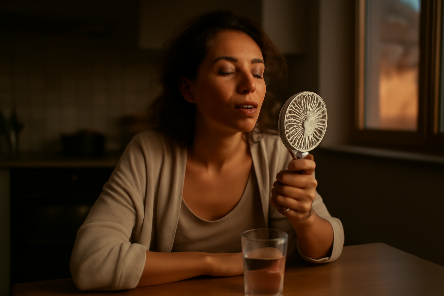 hot flashes in 30s: woman experiencing sudden heat wave indoors with a fan