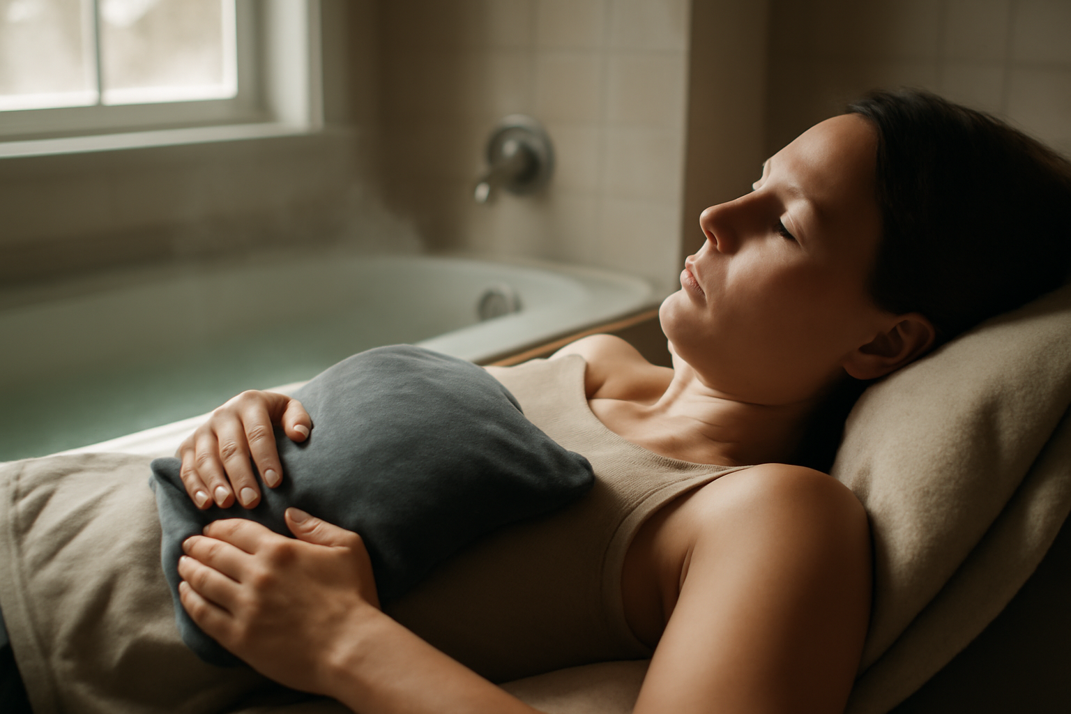how to get your period faster naturally with warm heating pad on lower abdomen