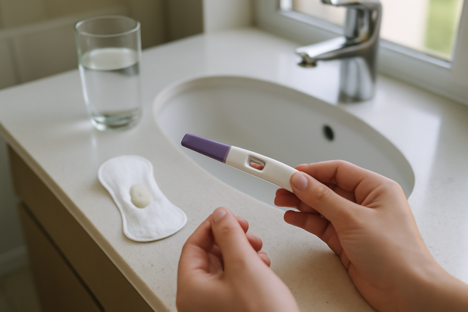 missed period but negative pregnancy test white discharge—realistic bathroom scene with pregnancy test, underwear liner, and a glass of water in soft morning light