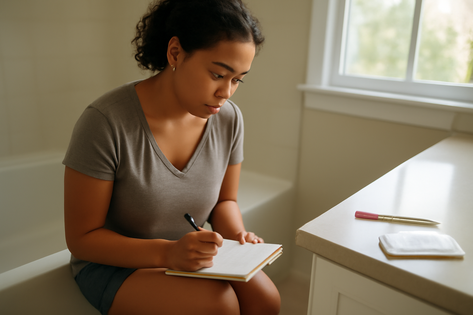 period but pregnant bleeding—woman checking a pregnancy test and using a pad at home
