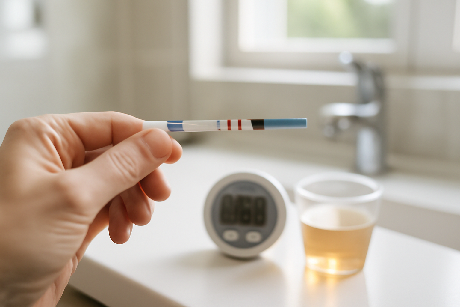 what is a positive ovulation test shown on a home LH urine strip next to a control line in bright bathroom light