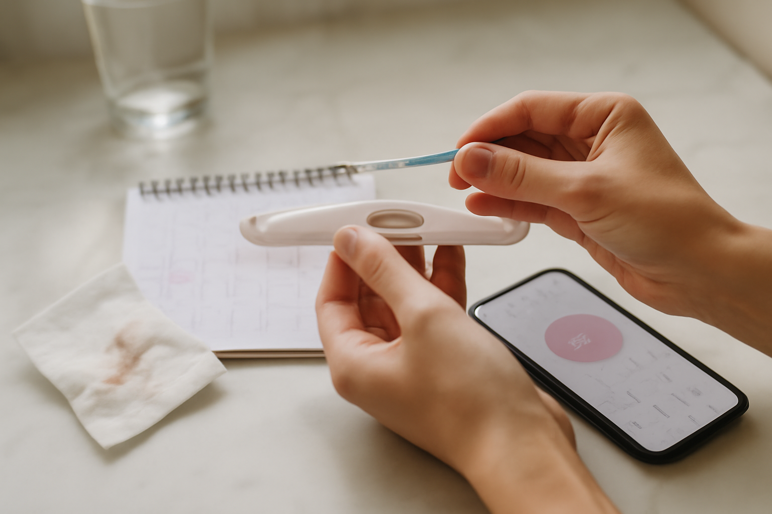 Pink to brown spotting after ovulation pregnant on a calendar with ovulation test strips and a smartphone tracking app