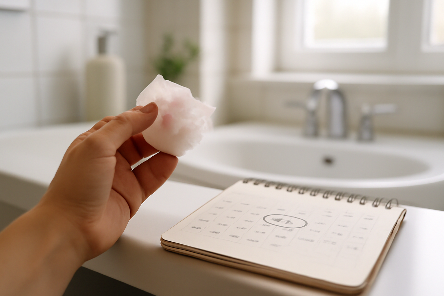 Very light spotting before period on a bathroom tissue with cycle-tracking notes