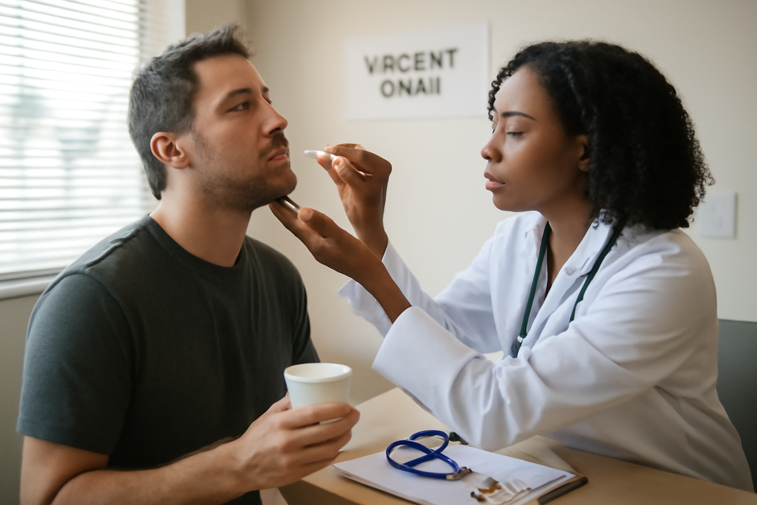 very sore throat one side on the right, realistic clinic exam setting