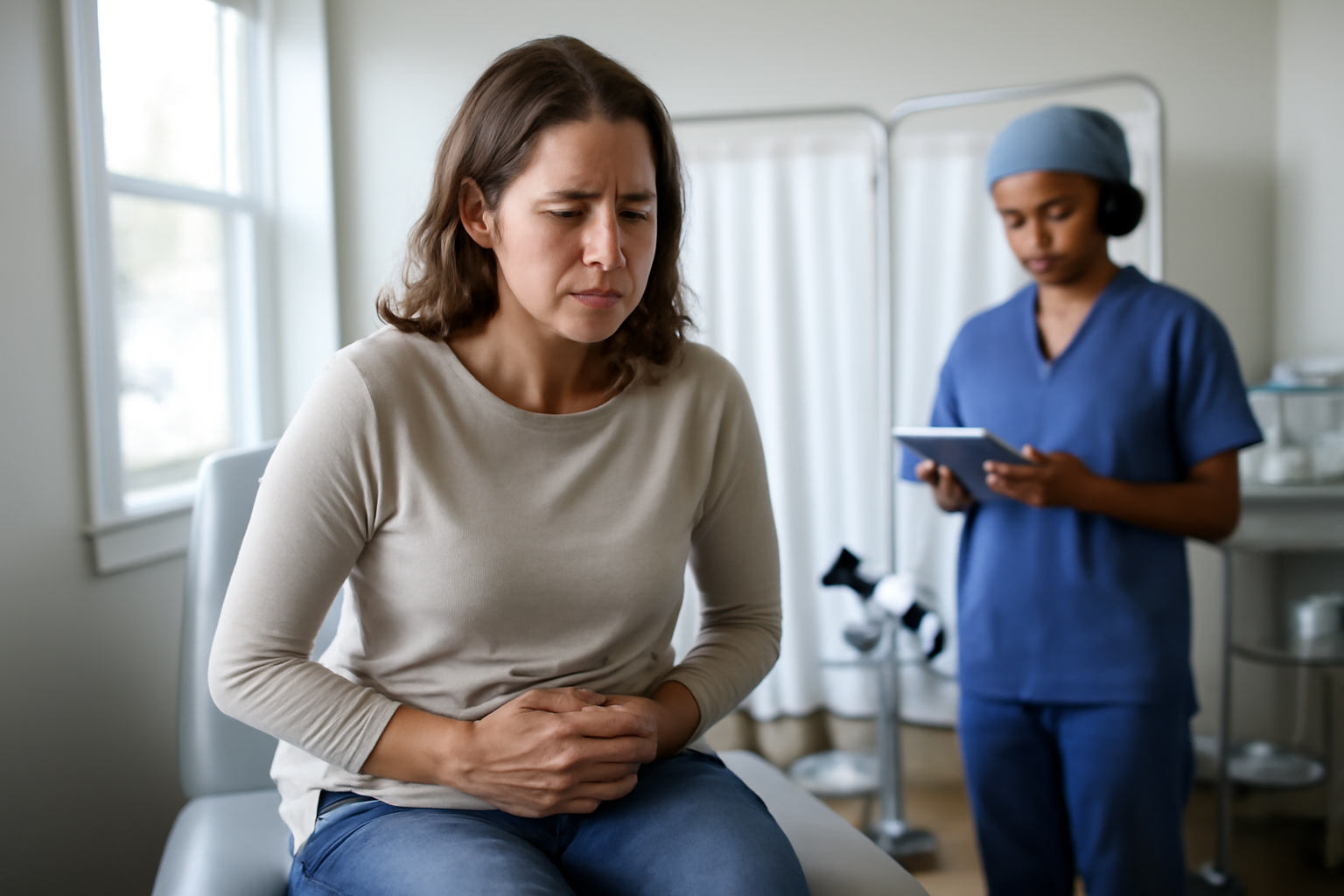 Woman holding lower abdomen while a clinician discusses possible causes of swollen uterus during a pelvic exam room