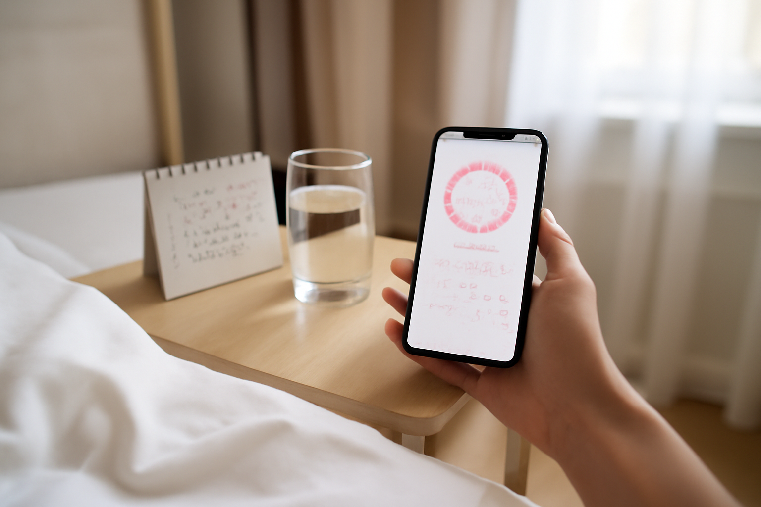 why is my period shorter than usual—calendar and period tracking app on a bedside table at morning light