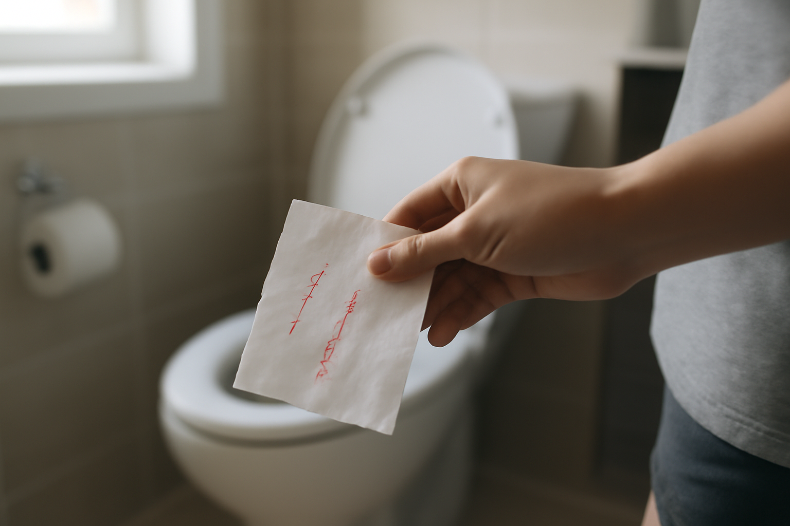blood on toilet paper when wiping but no period, realistic bathroom scene with tissue showing faint bright red streaks