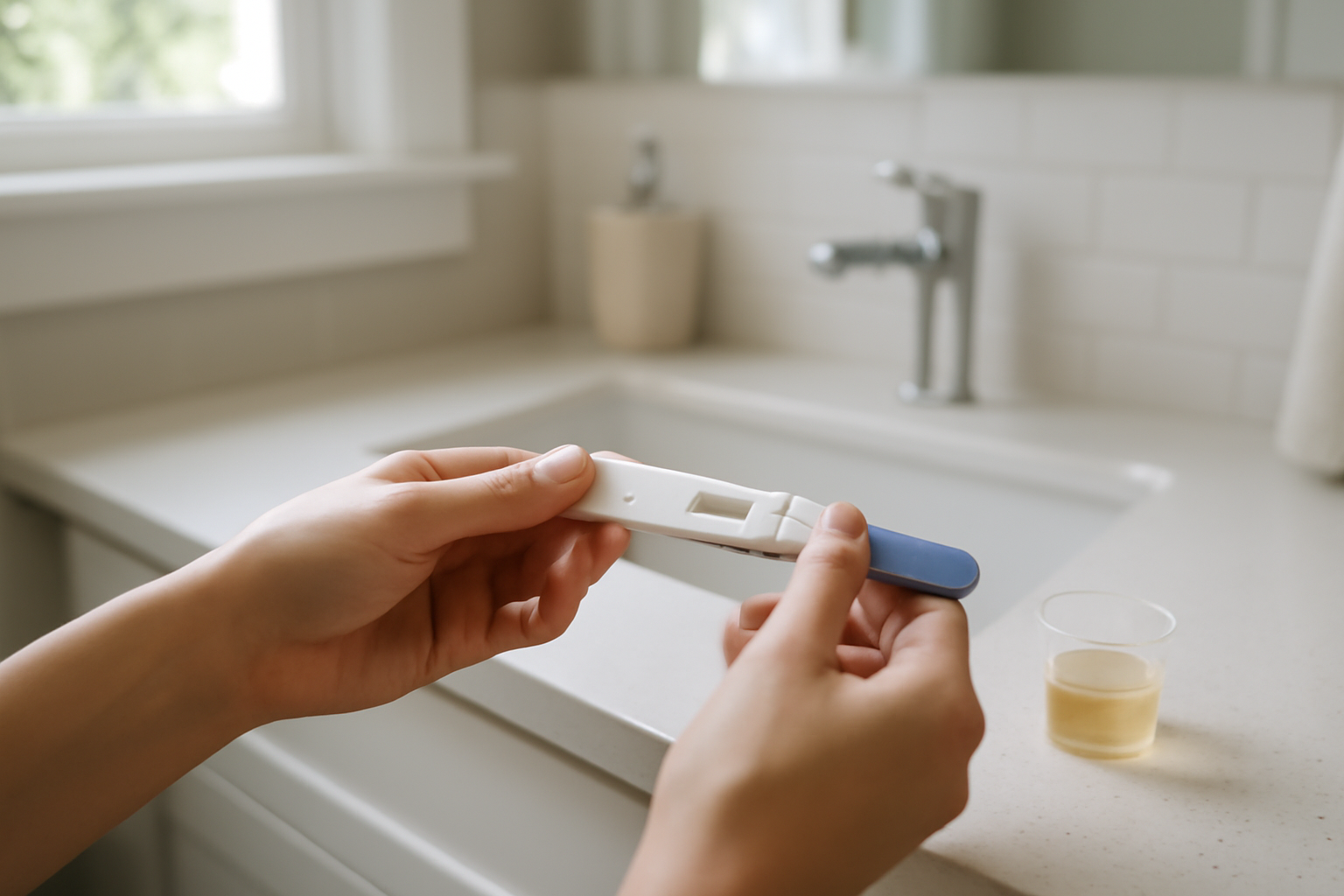 Pregnancy test kit and urine collection cup on a bathroom counter