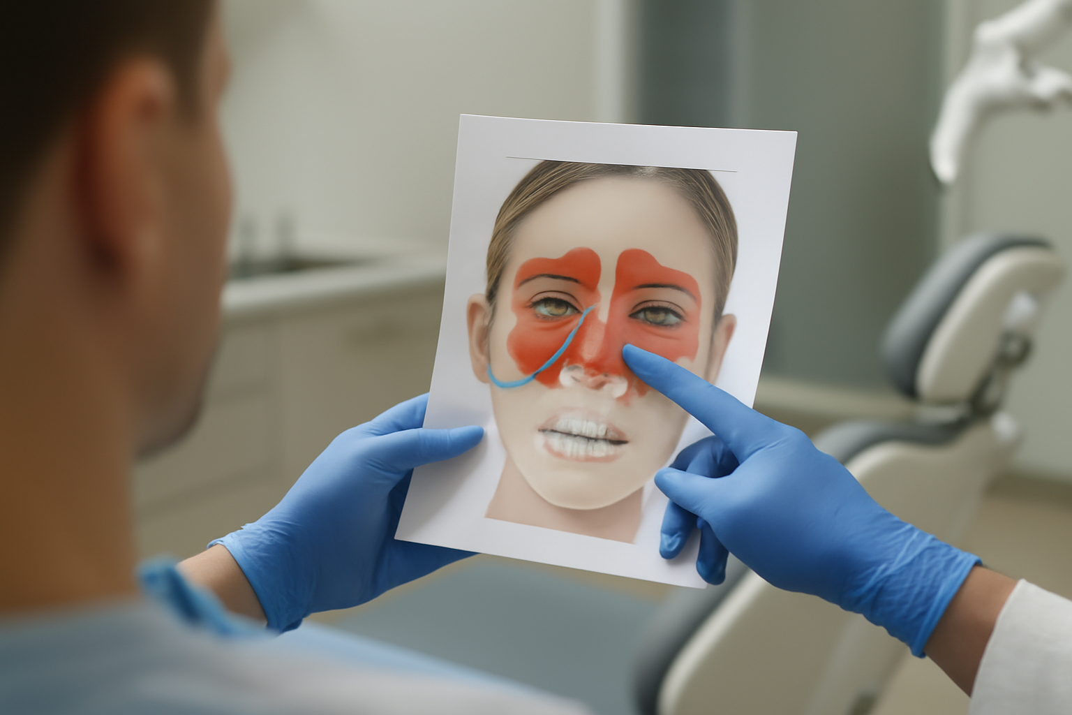Upper cheekbones and upper molars with sinus area behind the cheek, realistic medical illustration style