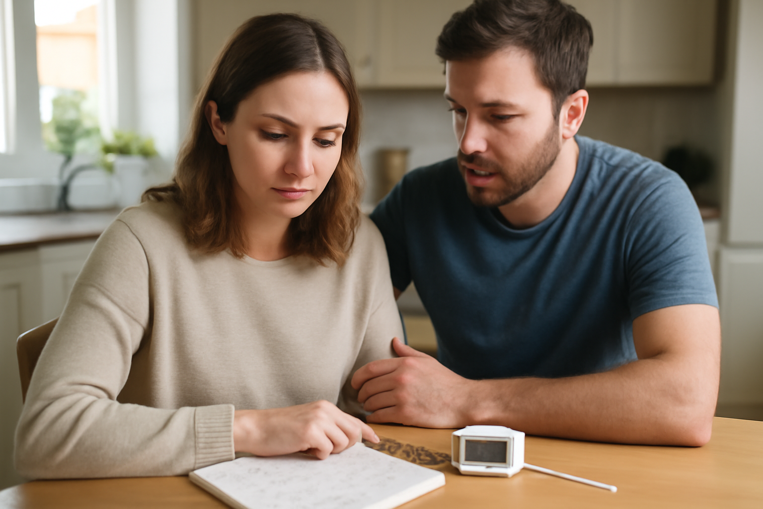 Can i still get pregnant during ovulation: realistic photo of a couple tracking ovulation with an LH test kit at a kitchen table