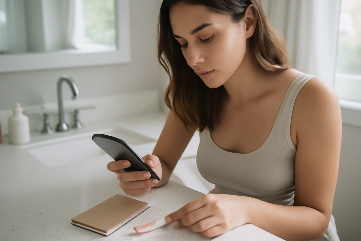 A realistic close-up of a woman checking her phone calendar for spotting dates, with a pregnancy test kit on the bathroom counter, soft morning light