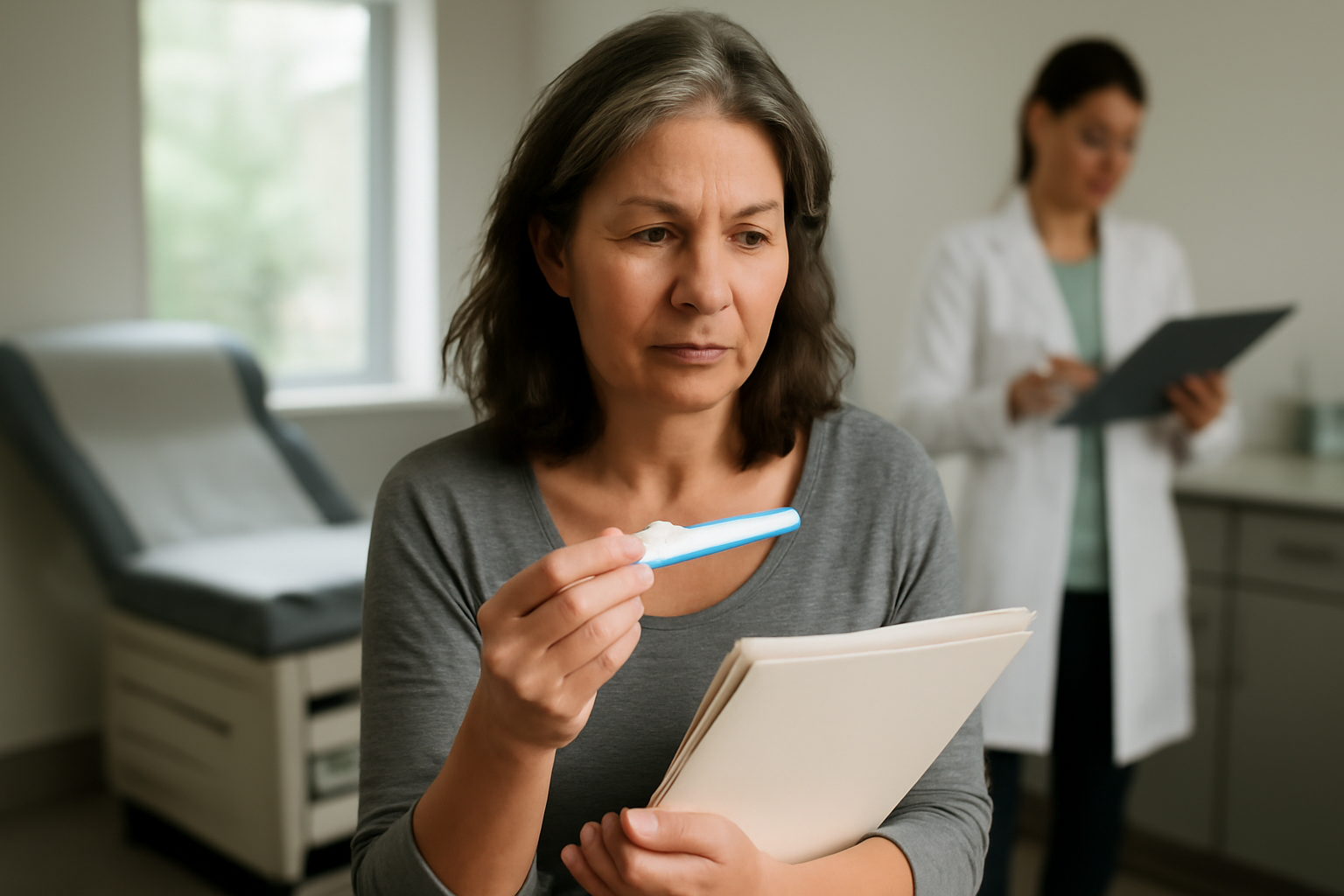 can a woman be fertile after menopause—woman in a clinic exam room holding a pregnancy test and medical paperwork under bright natural light