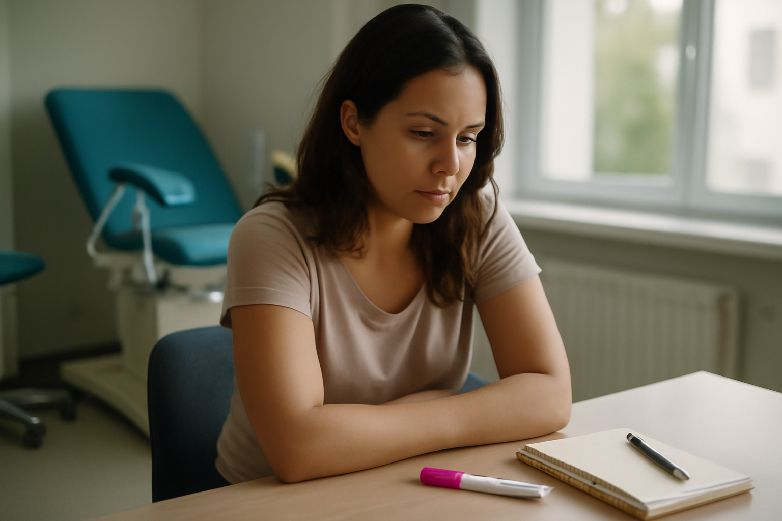 A chemical pregnancy: realistic clinic exam room with a pregnancy test kit and a notepad on a desk, soft daylight