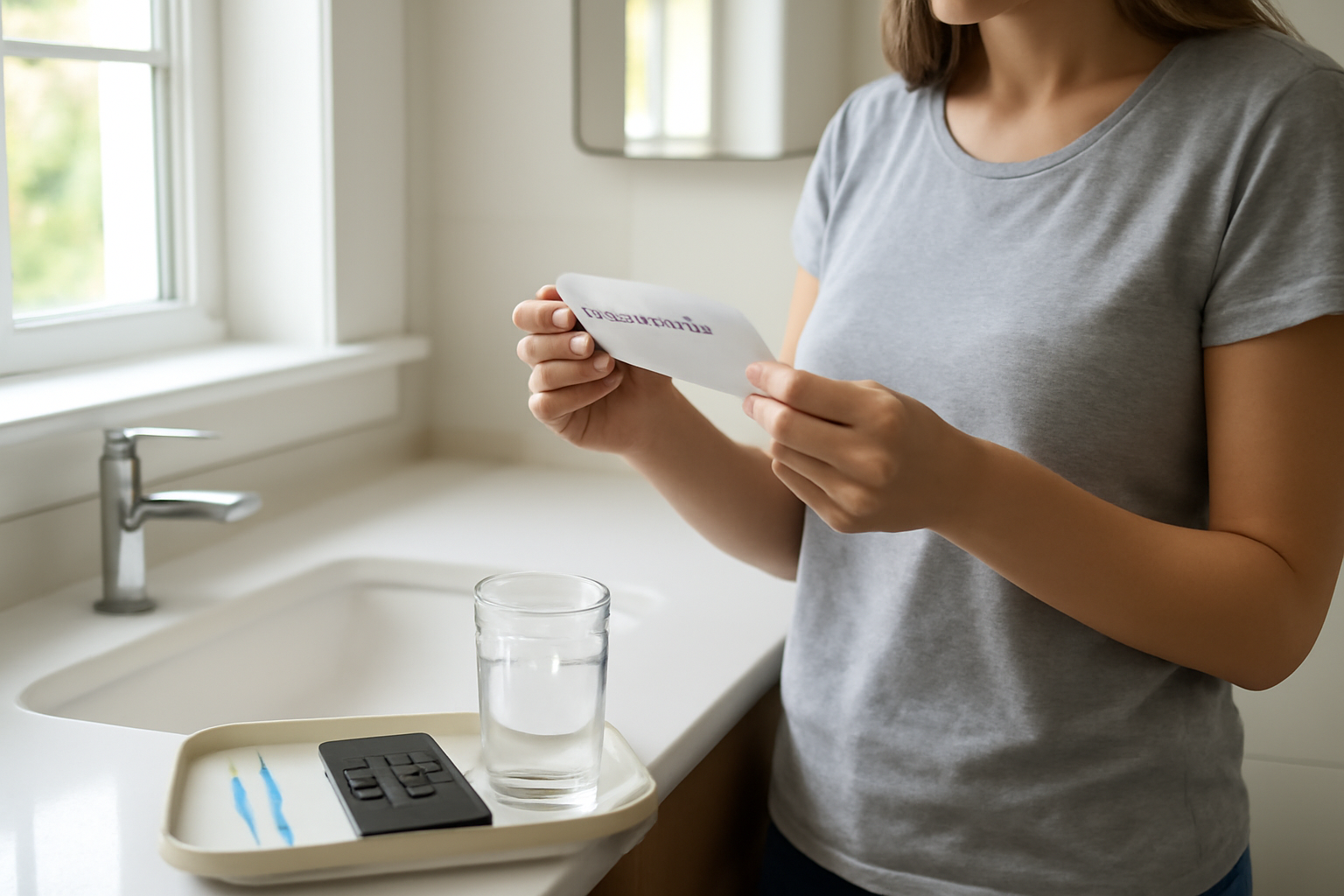 Woman checking ovulation test strips expiration date on bathroom counter