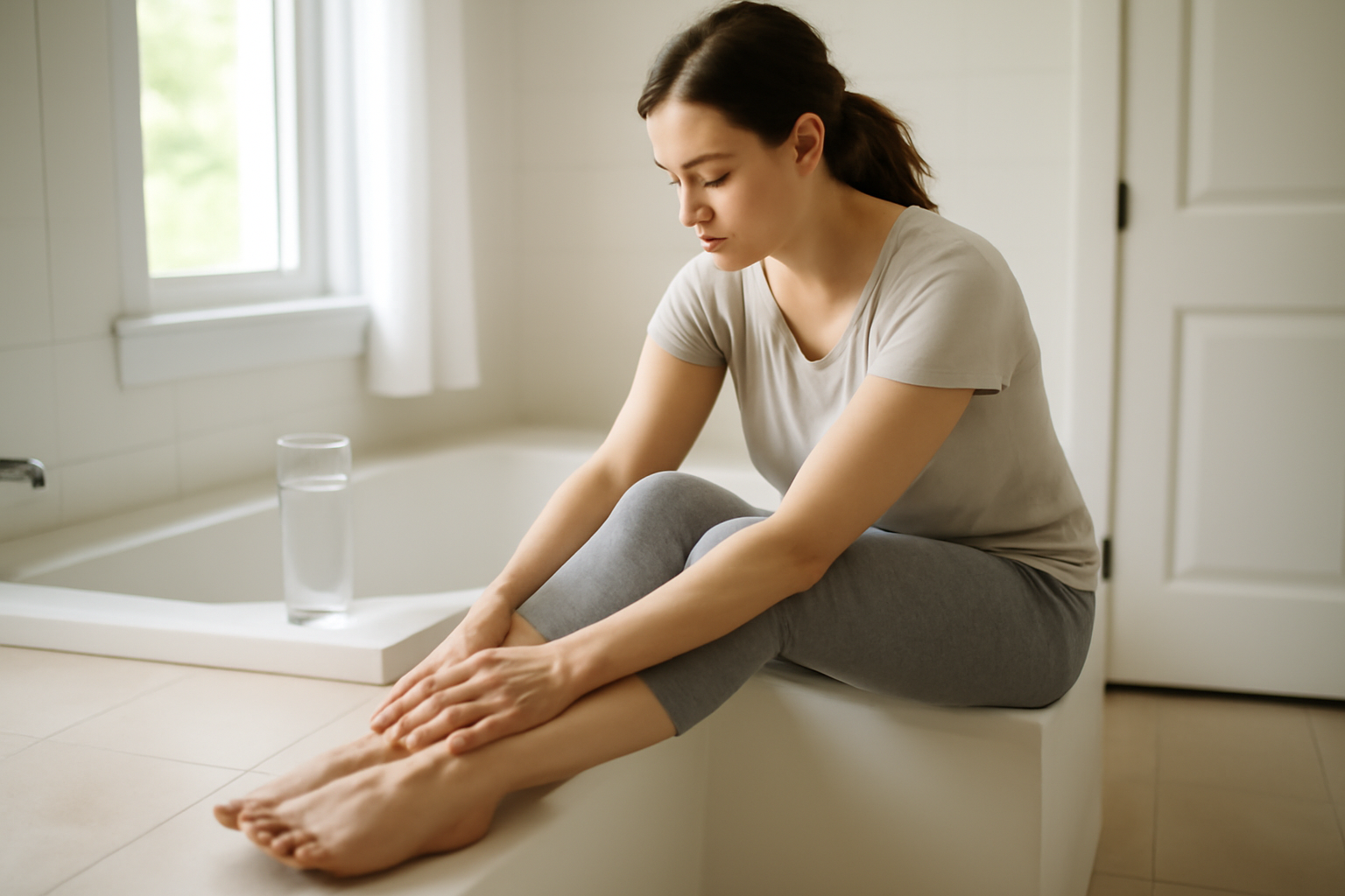 female water retention swelling in hands and feet with mild leg edema, realistic photo scene