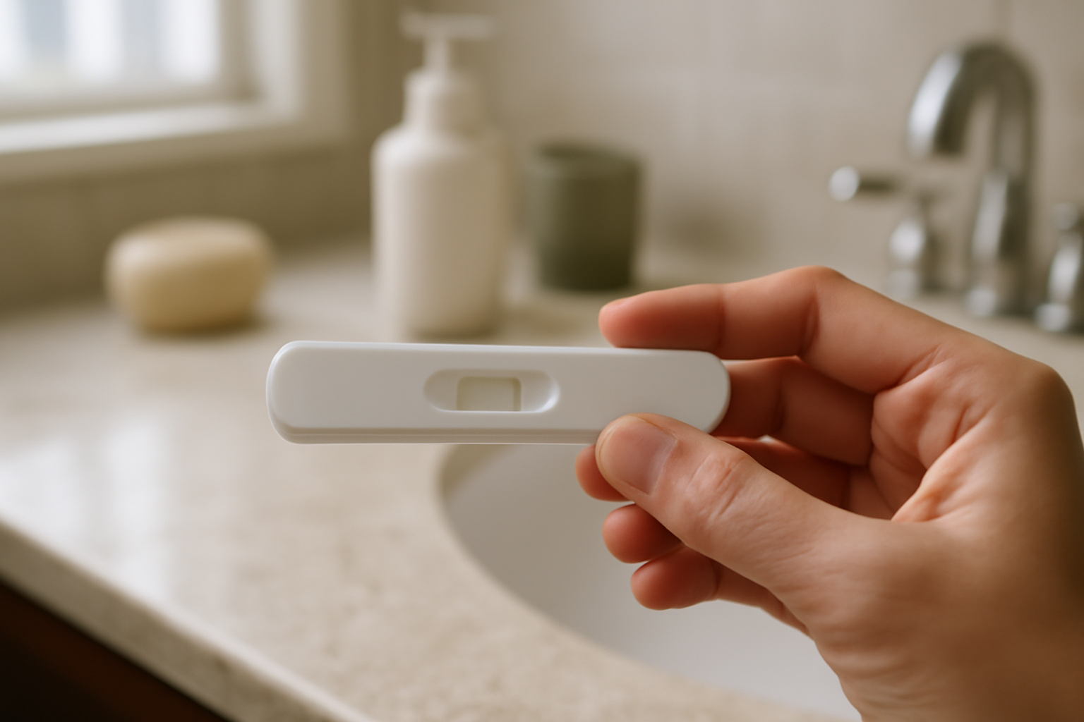 first response evap line examples on a home pregnancy test in a bathroom light