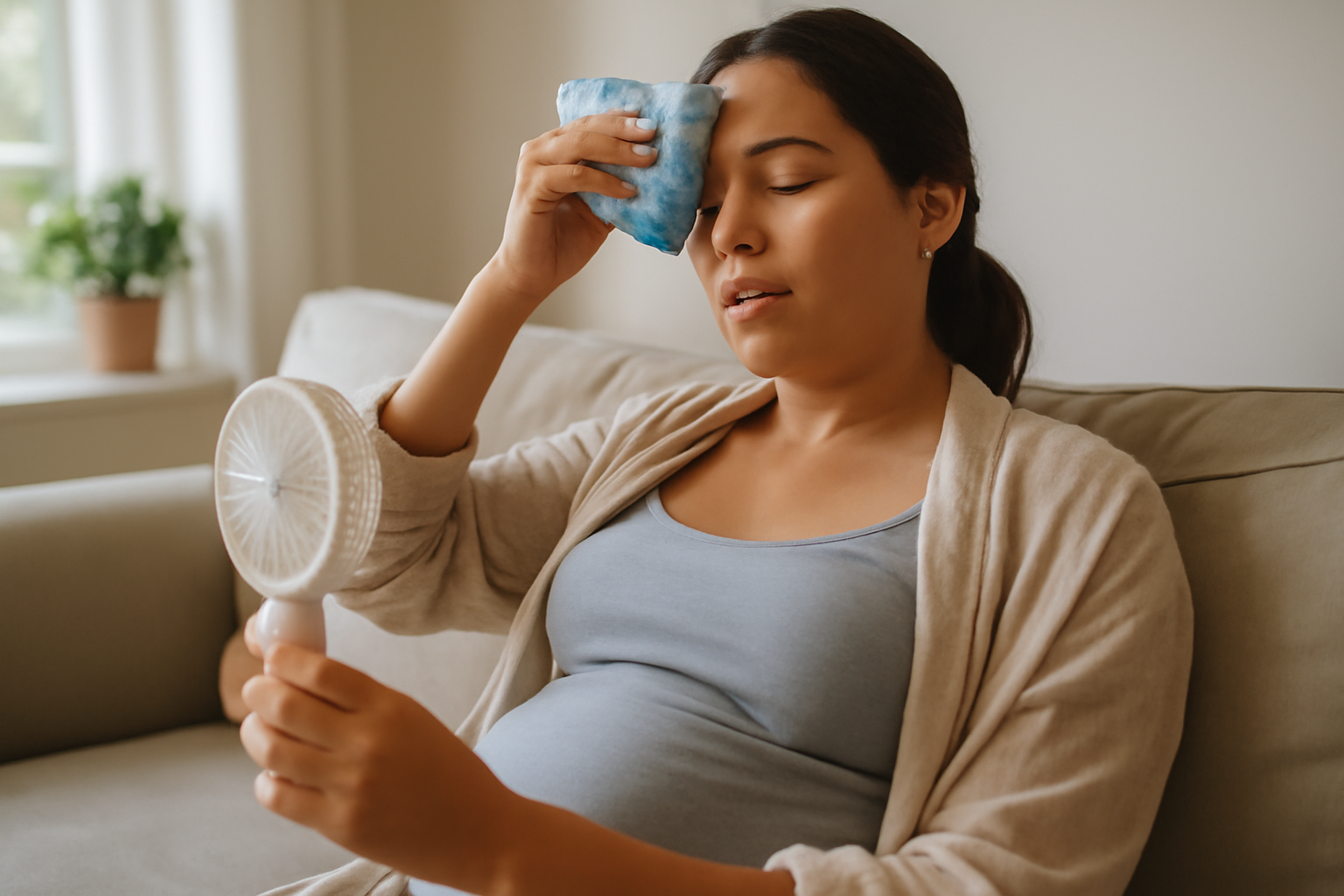hot flashes in early pregnancy with a handheld fan and cool compress in a bright home setting